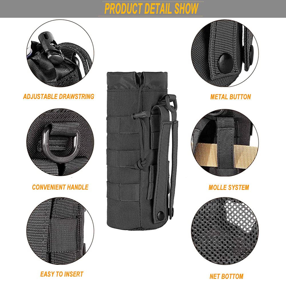 Upgraded 1000D Nylon MOLLE Water Bottle Pouch with Drawstring & Mesh Bottom - Tactical Hydration Holder for Backpack, Running, Hiking, Camping & Outdoor Adventures