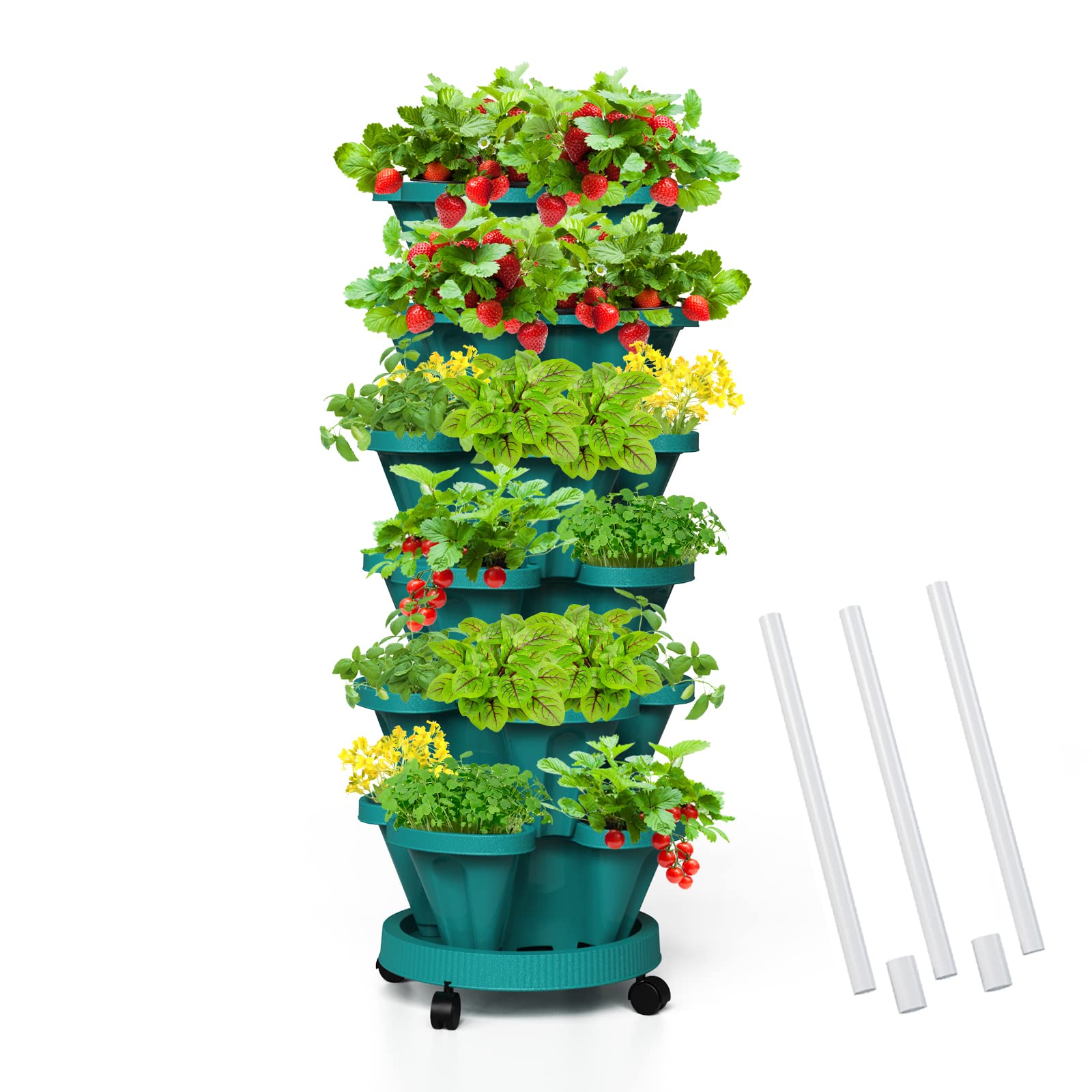 6-Tier Strawberry Vertical Planter Tower Garden with Support Pole - Stackable Herb & Vegetable Planter for Indoor & Outdoor Use - Perfect for Small Spaces, Balconies, and Urban Gardening