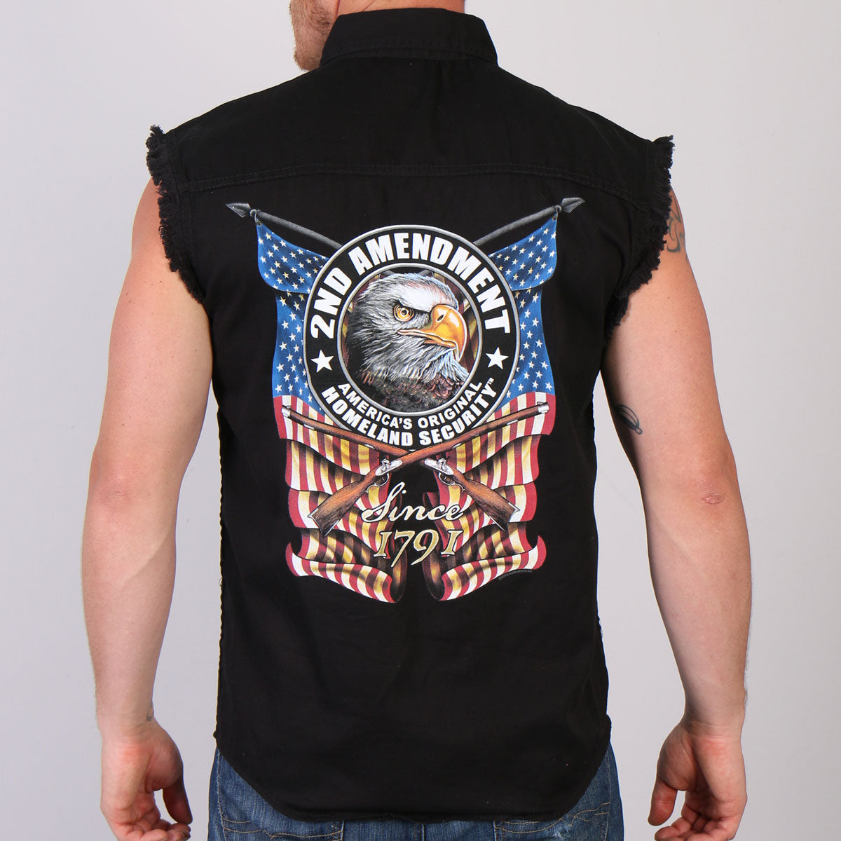 Hot Leathers New Down Flag Sleeveless Denim Button Up Biker Shirt for Men - Vintage Motorcycle Vest, Biker Jacket Alternative, Casual Summer Riding Top