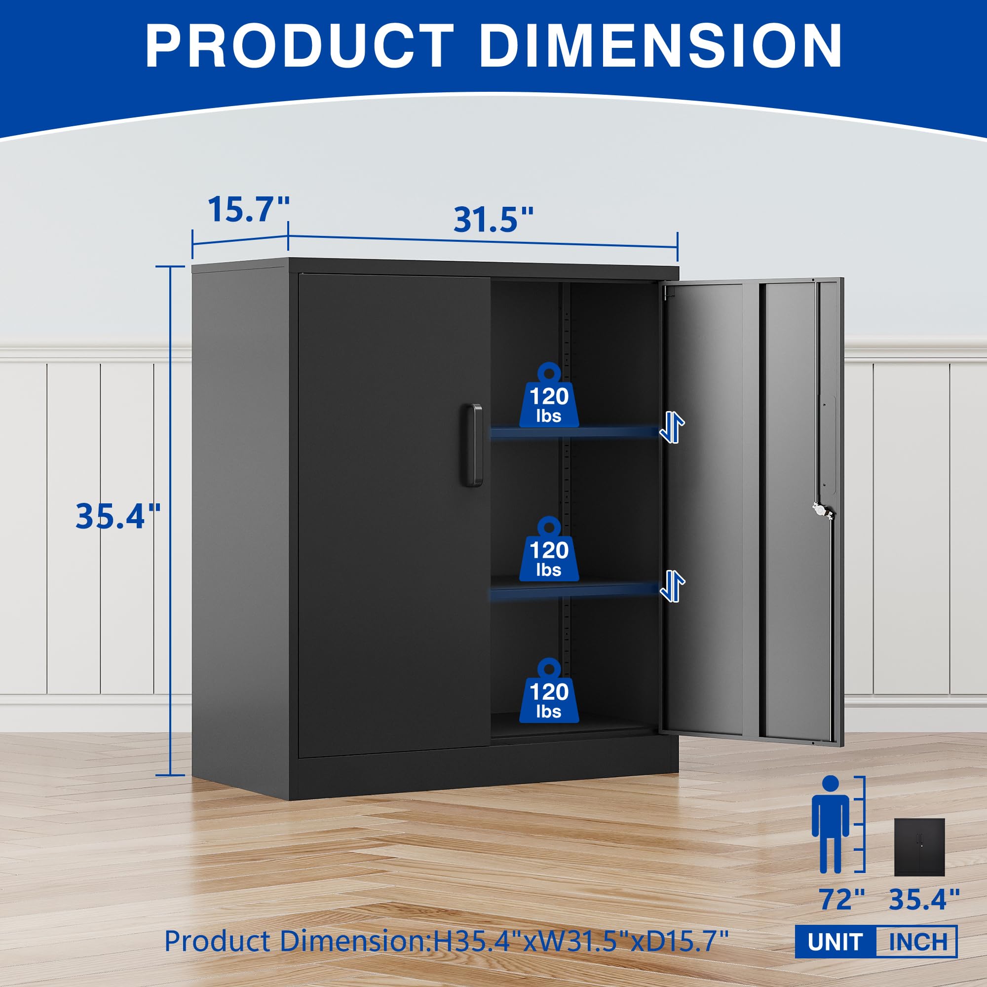Lockable Metal Storage Cabinet with 2 Adjustable Shelves - Heavy Duty Steel Garage Cabinet with Doors, Large Capacity Organizer for Home, Office, Workshop & Garage Storage Solutions