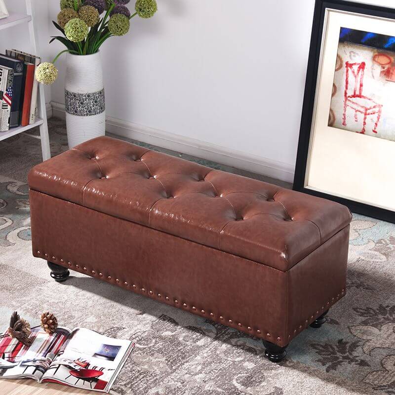 Water Resistant Stitch Tufted Upholstered Storage Ottoman with Nailhead Trim - Green/Peony/Butter Color, Modern Style with Legs - Perfect for Living Room, Bedroom & Home Office Organization