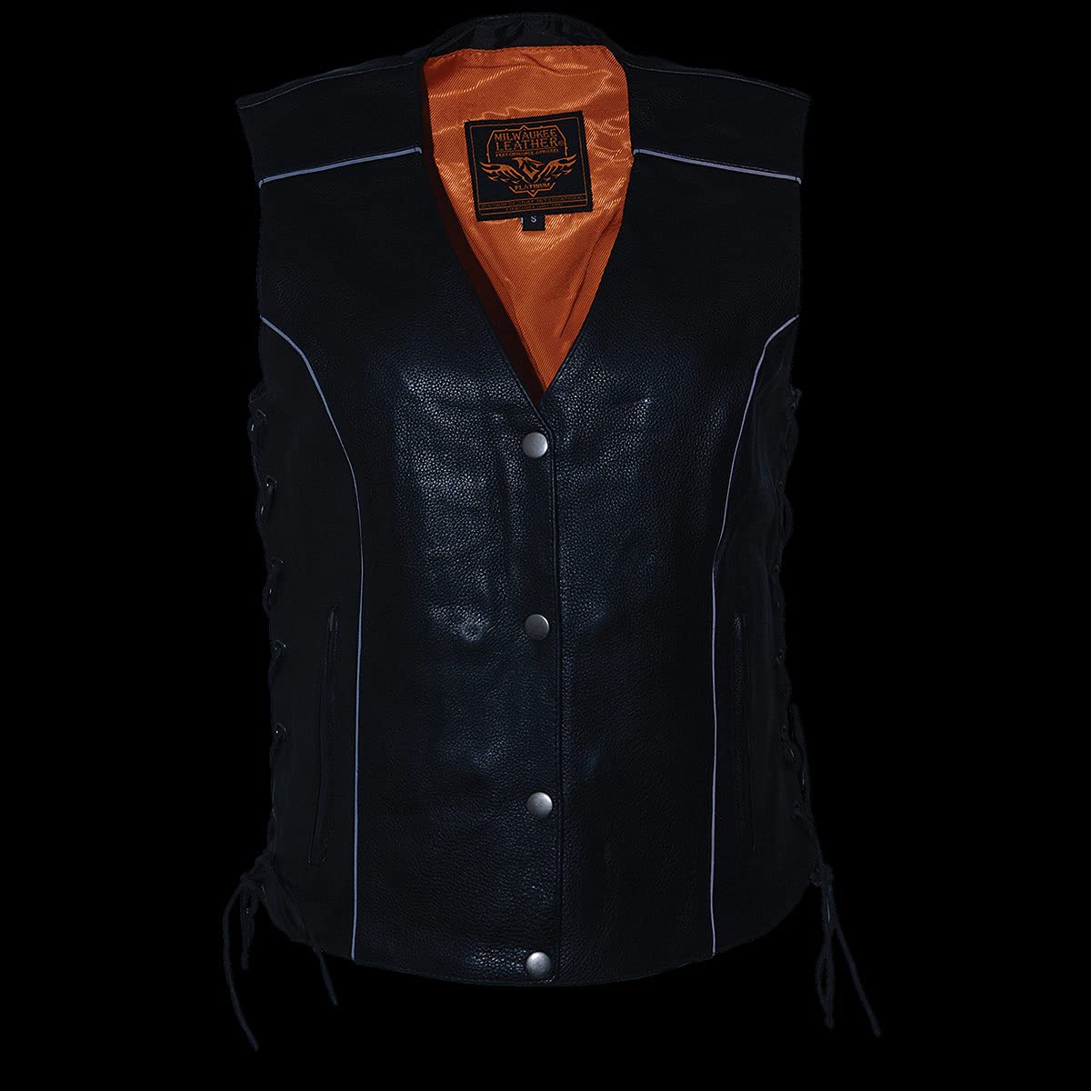 Milwaukee Leather MLL4500 Women's Black Side Lace Leather Vest with Reflective Piping - Stylish Motorcycle Riding Gear for Harley Davidson & Cruiser Bikes