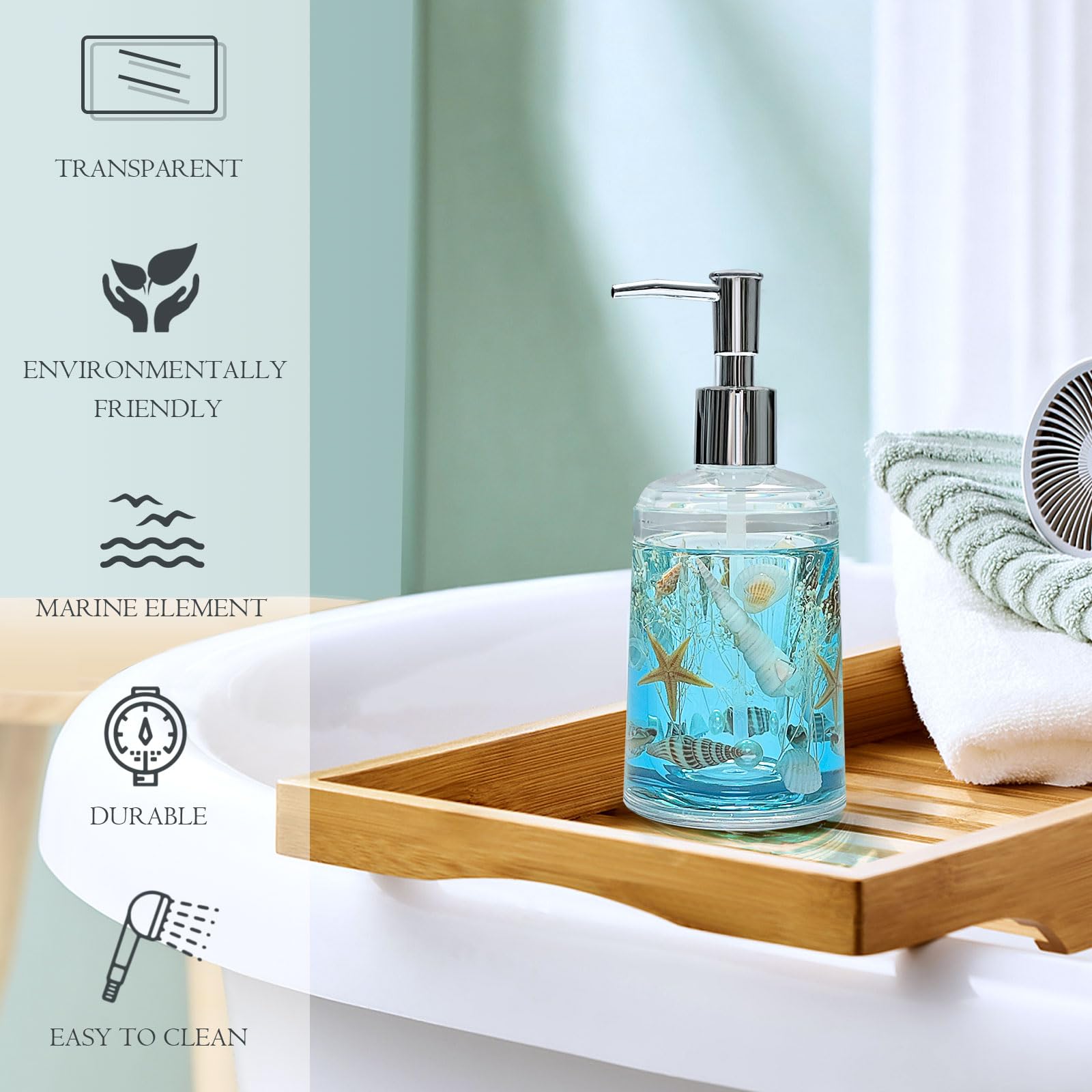 FONMY Acrylic Soap Dispenser with Pump - Handmade Seashell Design for Bathroom & Kitchen - Refillable for Liquid Soap, Dish Soap & Lotion (Blue) | Perfect for Coastal Decor, Spa Bathrooms & Farmhouse Kitchens