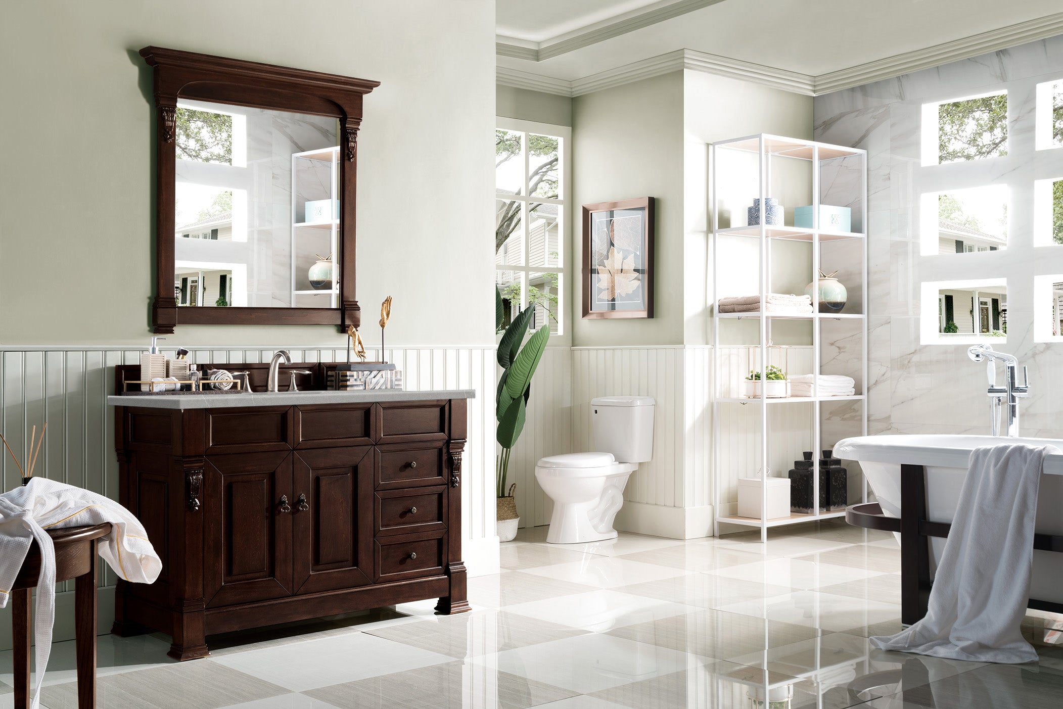 Brookfield 48 Inch Single Bathroom Vanity with Burnished Mahogany Finish & 3CM Eternal Serena Quartz Countertop - Perfect for Modern Master Bathrooms, Guest Baths, and Small Space Remodels