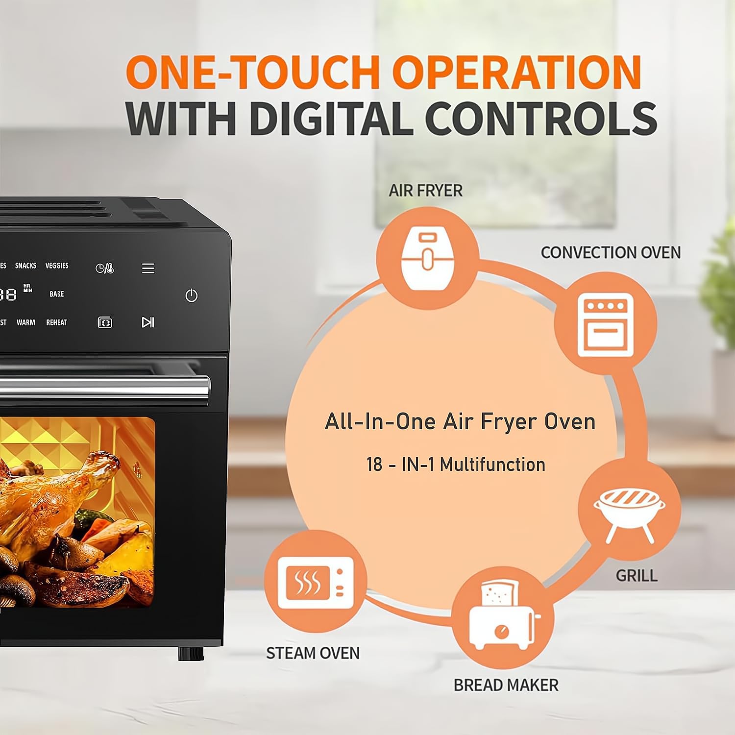 32 QT Extra Large Toaster Oven Air Fryer Combo - 18-in-1 Convection Countertop Oven with Baking, Dehydrating & Rotisserie Functions - 1800W Powerful 6-Piece Accessory Set for Roasting, Broiling & Meal Prep - Perfect for Small Kitchens, Dorms & RV Cooking