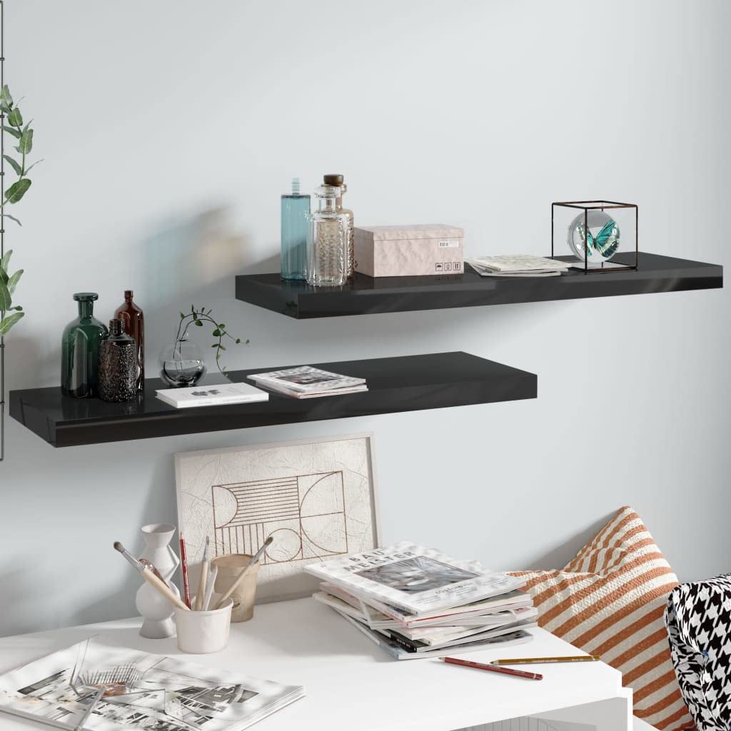 CHARMMA Floating Wall Shelves Set of 2 - High Gloss Black Modern Wall Shelves 31.5