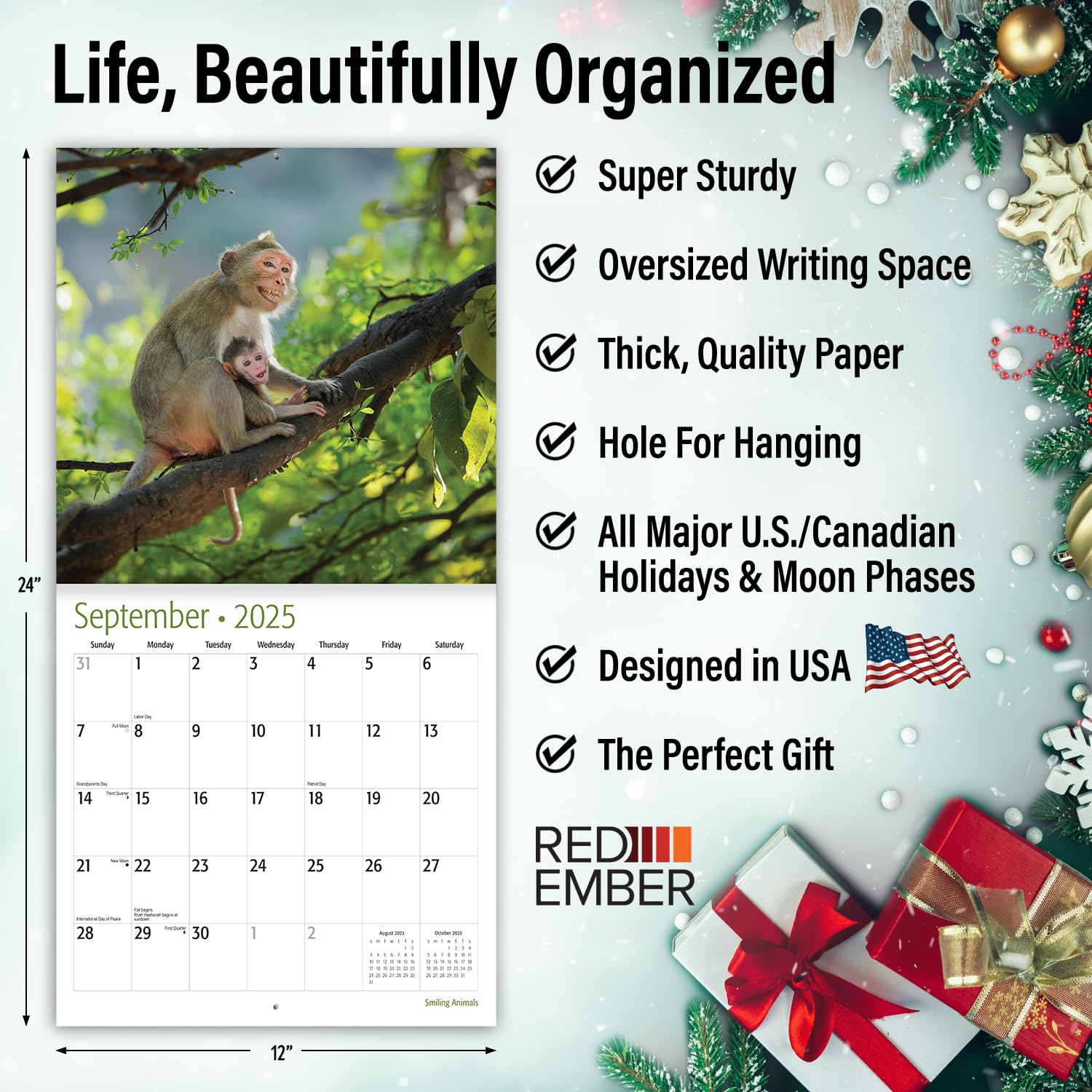 RED EMBER Smiling Animals 2025 Wall Calendar - 12 Months, 12