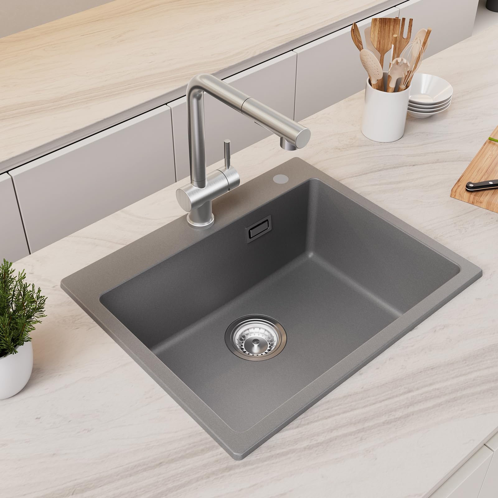 CECIPA 55 x 45 cm Grey Granite Composite Kitchen Sink - 80% Sand Quartz, Single Bowl Undermount Sink with Overflow Drain & Siphon | Perfect for Modern Kitchens, Small Spaces & Easy Cleaning