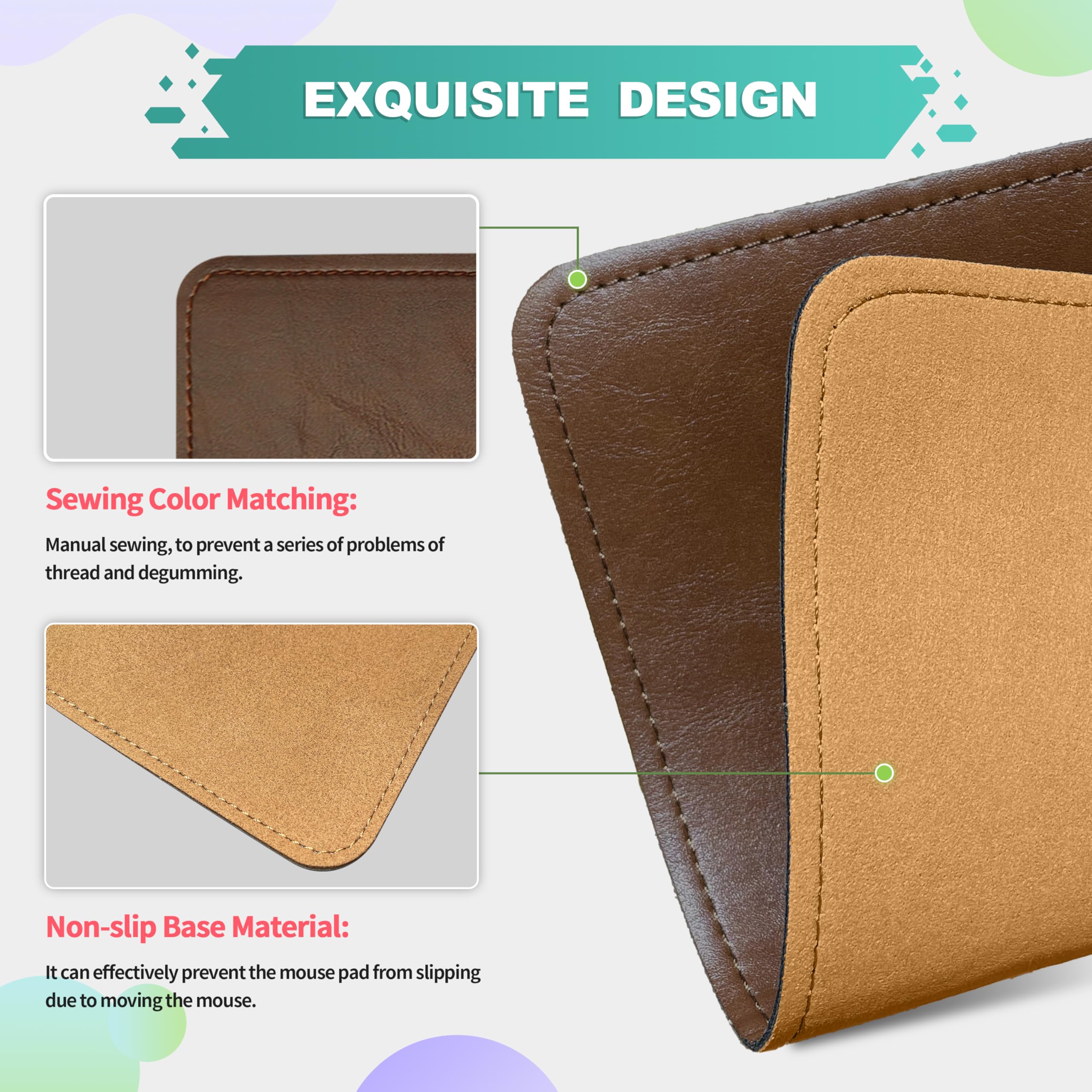 Premium PU Leather Mouse Pad with Stitched Edge - Non-Slip Microfiber Base, Waterproof Desk Mat for Computer & Laptop (8x11 Inch, Dark Caramel Brown) - Ideal for Office, Gaming & Home Workspace