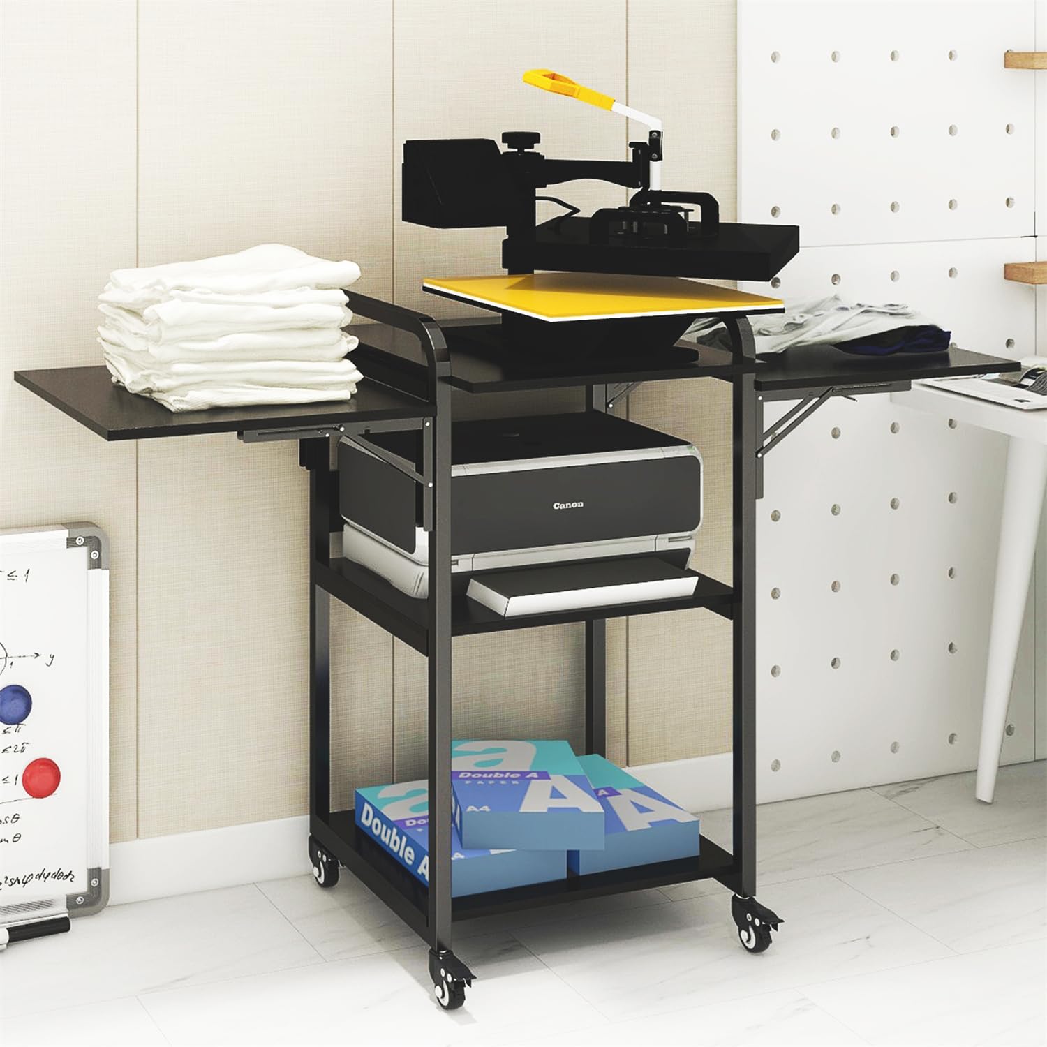 PUNCIA 3-Tier Heavy Duty Foldable Rolling Workbench - 20'' Movable DIY Heat Transfer Press Machine Stand with Metal Shelf Storage | Perfect for Sublimation Transfer, T-Shirt Printing & Craft Organization | Ideal for Home Studios, Small Businesses & DIY Workshops