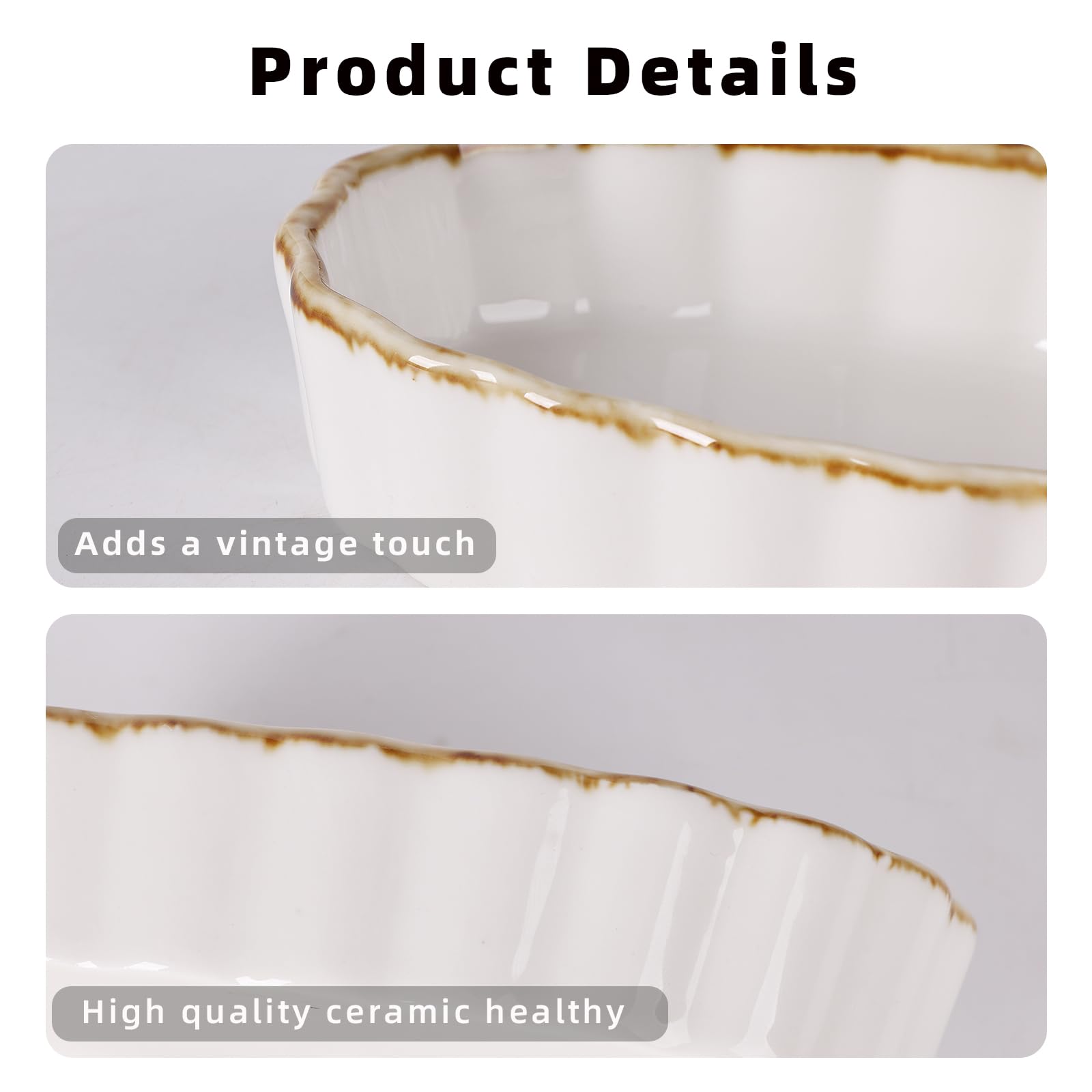 ONTUBE 4 oz Porcelain Ramekins Set of 6 - Oven Safe Oval Baking Dishes for Creme Brulee, Souffle, Pudding, Dipping Sauces | Perfect for Desserts, Appetizers & Home Kitchen Use (Brown/White)