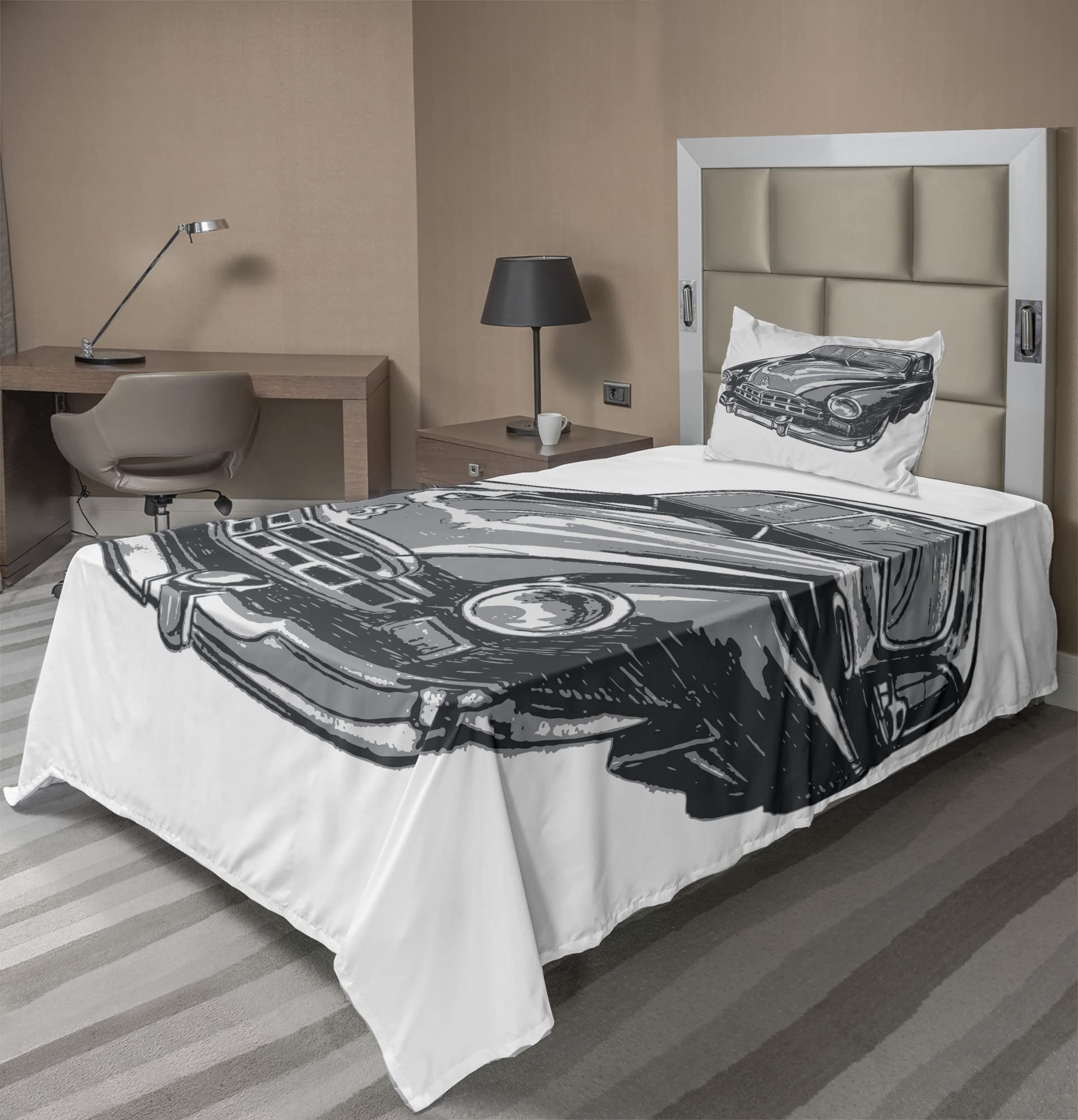 Ambesonne Vintage Cars 3-Piece Bedding Set - Hand Drawn Classic Vehicle Design with Detailed Hood, Lamps & Mirror - Twin Size Fitted Sheet, Flat Sheet & Pillowcase - Grey Blue Grey - Perfect for Kids' Rooms, Teen Bedrooms & Car Enthusiasts