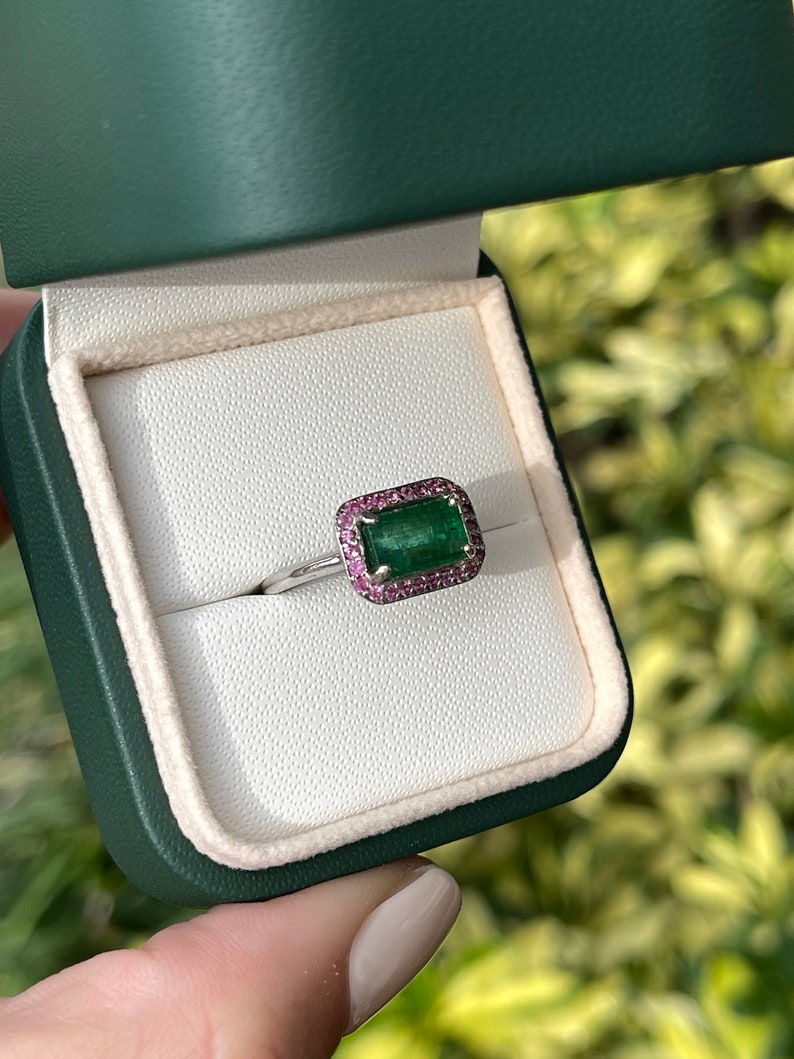 2.30ctw 14K Gold East-West Emerald & Pink Sapphire Halo Ring - Natural Dark Green Gemstone for Women, Perfect for Engagement, Wedding, Anniversary & Everyday Elegance