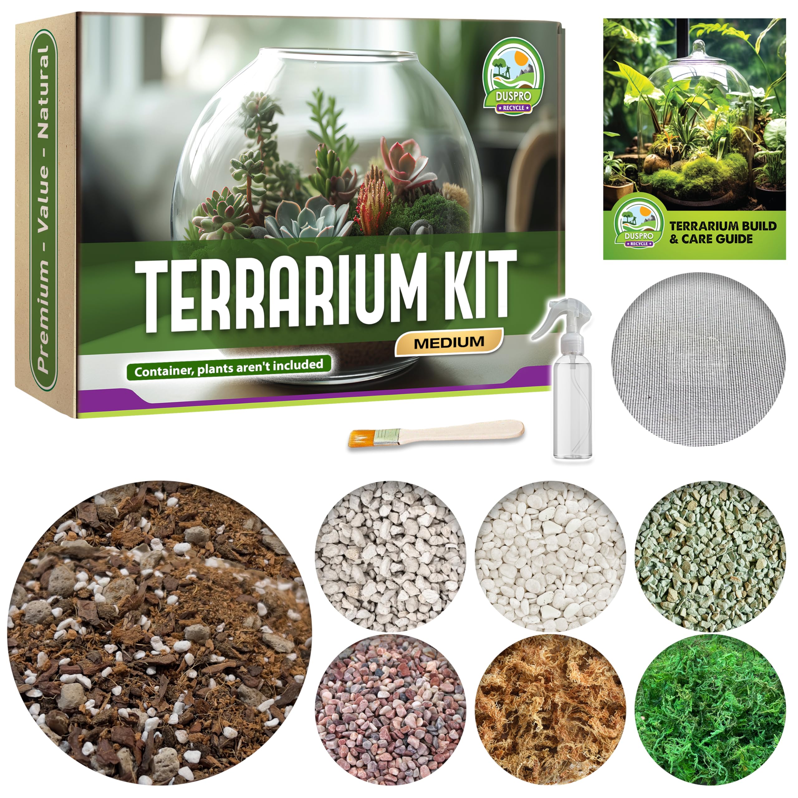DUSPRO DIY Terrarium Kit - Complete Set with Potting Soil, Pumice, Zeolite, Moss, Decorative Stones & Tools - Perfect for Kids, Air Plants & Succulents | Create Your Own Mini Garden for Home Decor, Office Desk or Gift Idea