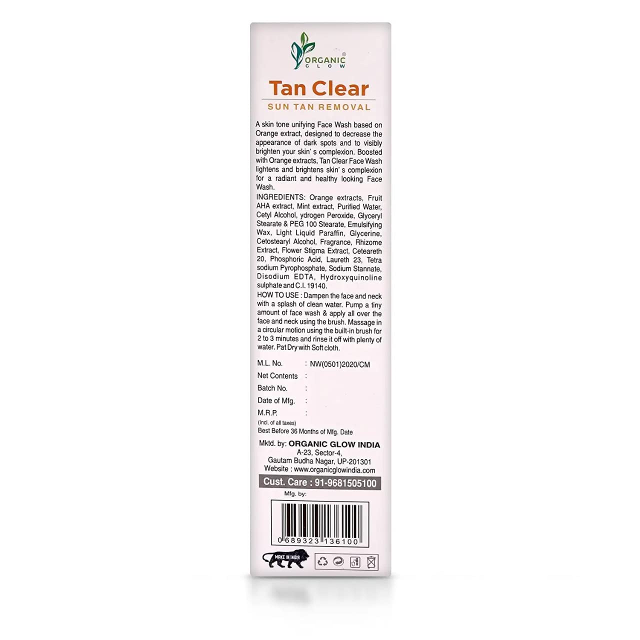 Organic Glow Sun Tan Removal Foaming Face Wash with Orange Essential Extract | Brightening & Exfoliating Cleanser for Glowing Skin | 150ml | Perfect for Daily Skincare & Post-Sun Care Routine