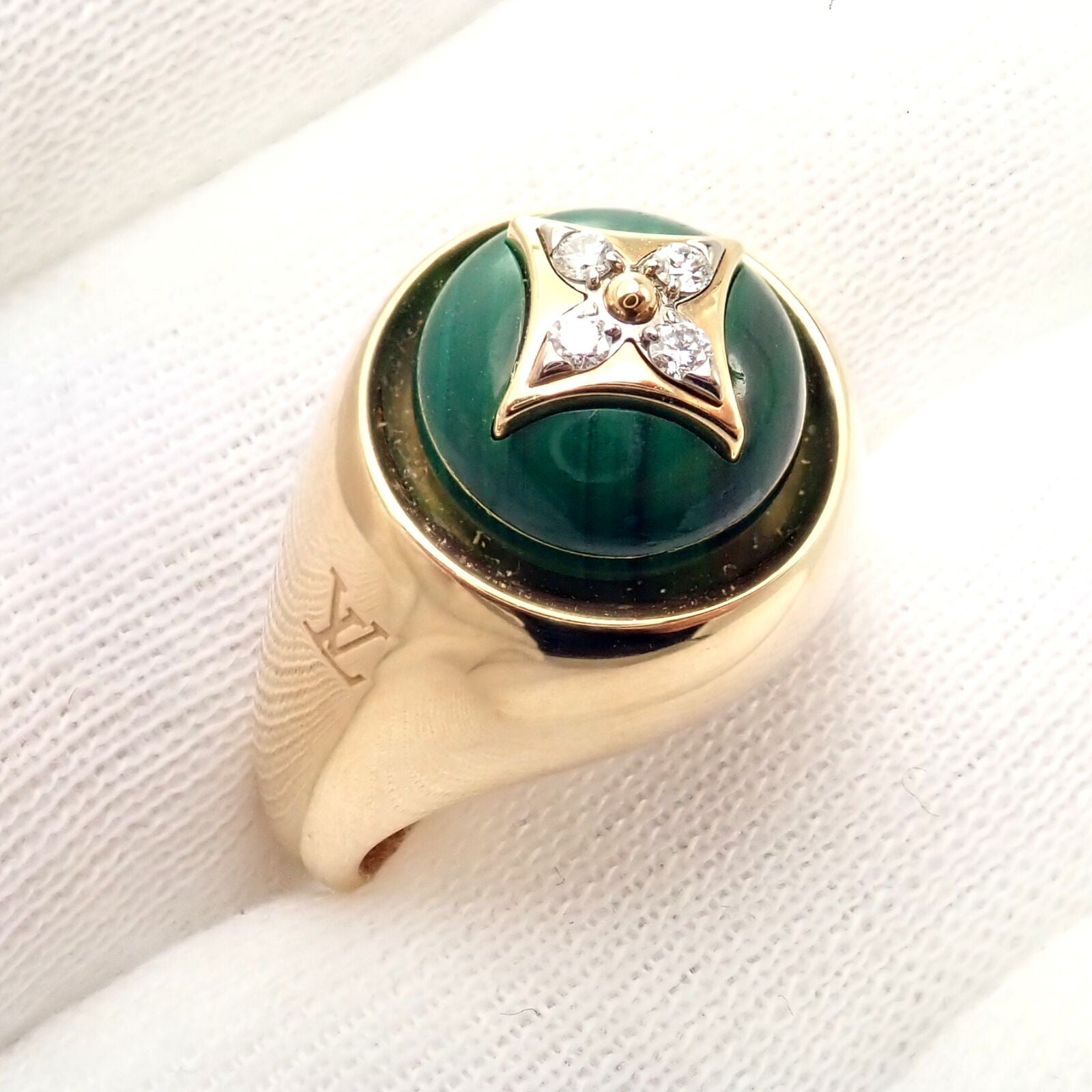 Authentic Louis Vuitton LV 18k Yellow Gold Diamond Malachite Blossom Signet Ring for Women - Luxury Fashion Jewelry Gift for Anniversary, Valentine's Day & Special Occasions
