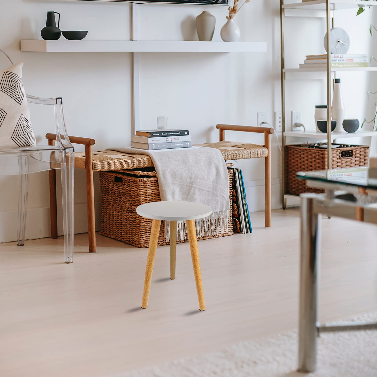 Modern Round Wooden Coffee Side Table - Small Rustic End Table for Bedroom, Living Room & Outdoor Use - White Nesting Tray Corner Table - Perfect for Coffee, Tea & Home Decor