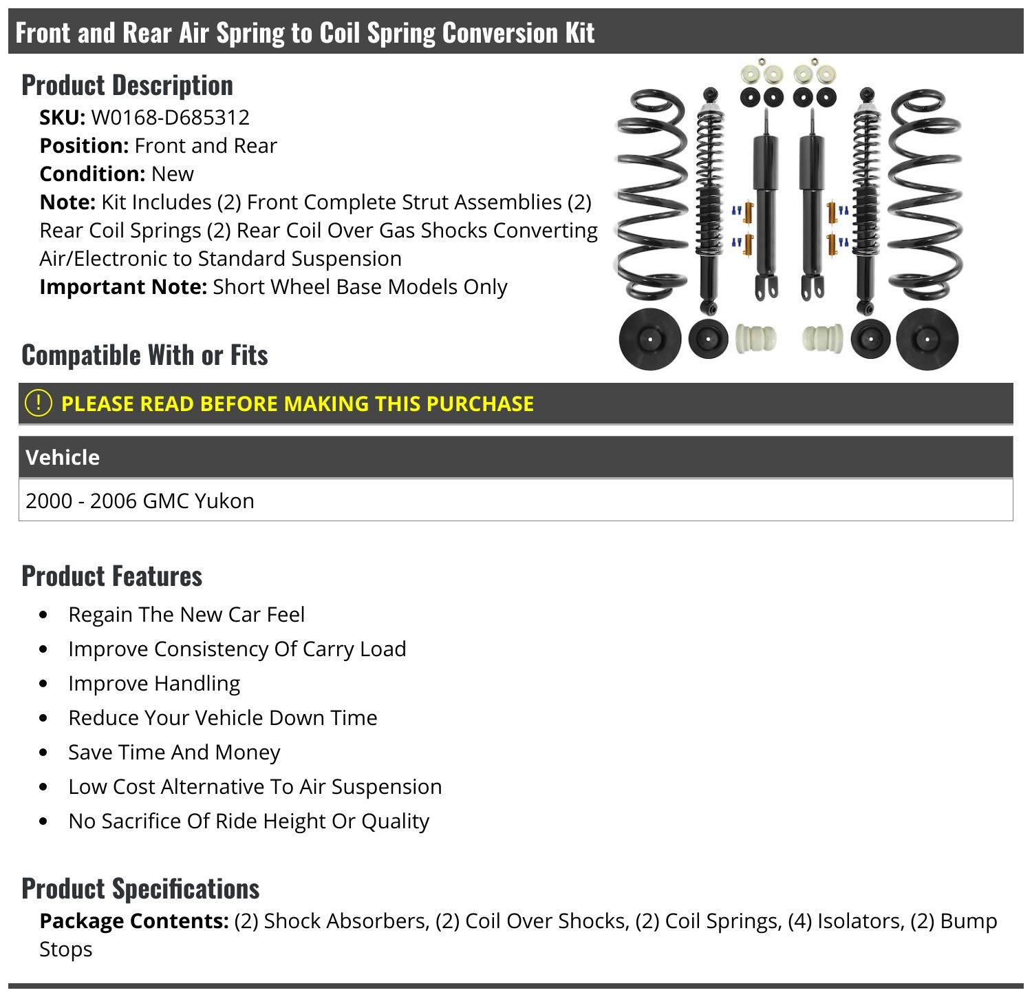 2000-2006 GMC Yukon Front & Rear Air to Coil Spring Conversion Kit - 12pc Suspension Upgrade for Smoother Ride & Better Handling - Perfect for Off-Roading & Towing
