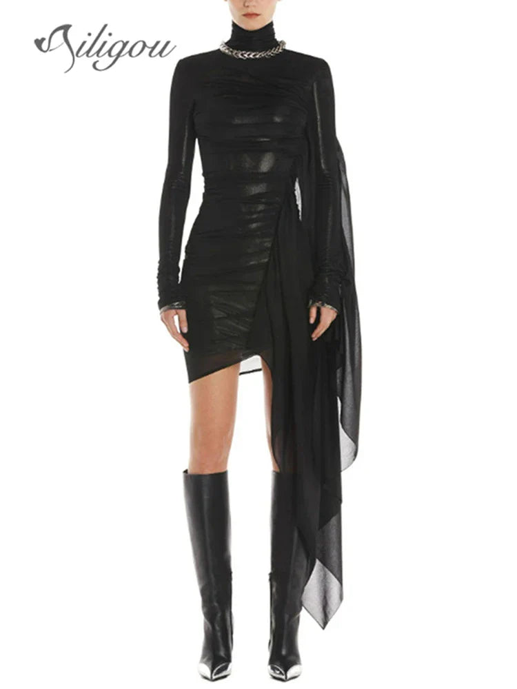 Sexy Black Mesh Pleated Long Sleeve Bodycon Mini Dress for Women - Elegant Party Outfit for Nightclub, Date Night & Celebrity Events