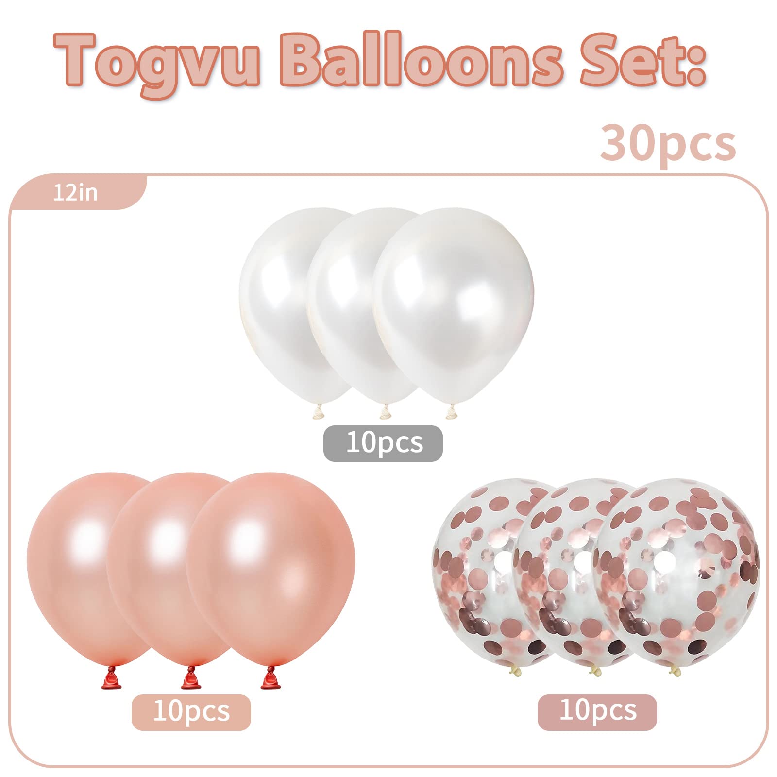 30 Pack 12 Inch Rose Gold & White Confetti Latex Balloons for Wedding, Birthday, Bridal Shower, Baby Shower, Valentine's Day Party Decorations - Elegant Pearl Finish for Girls & Women Celebrations