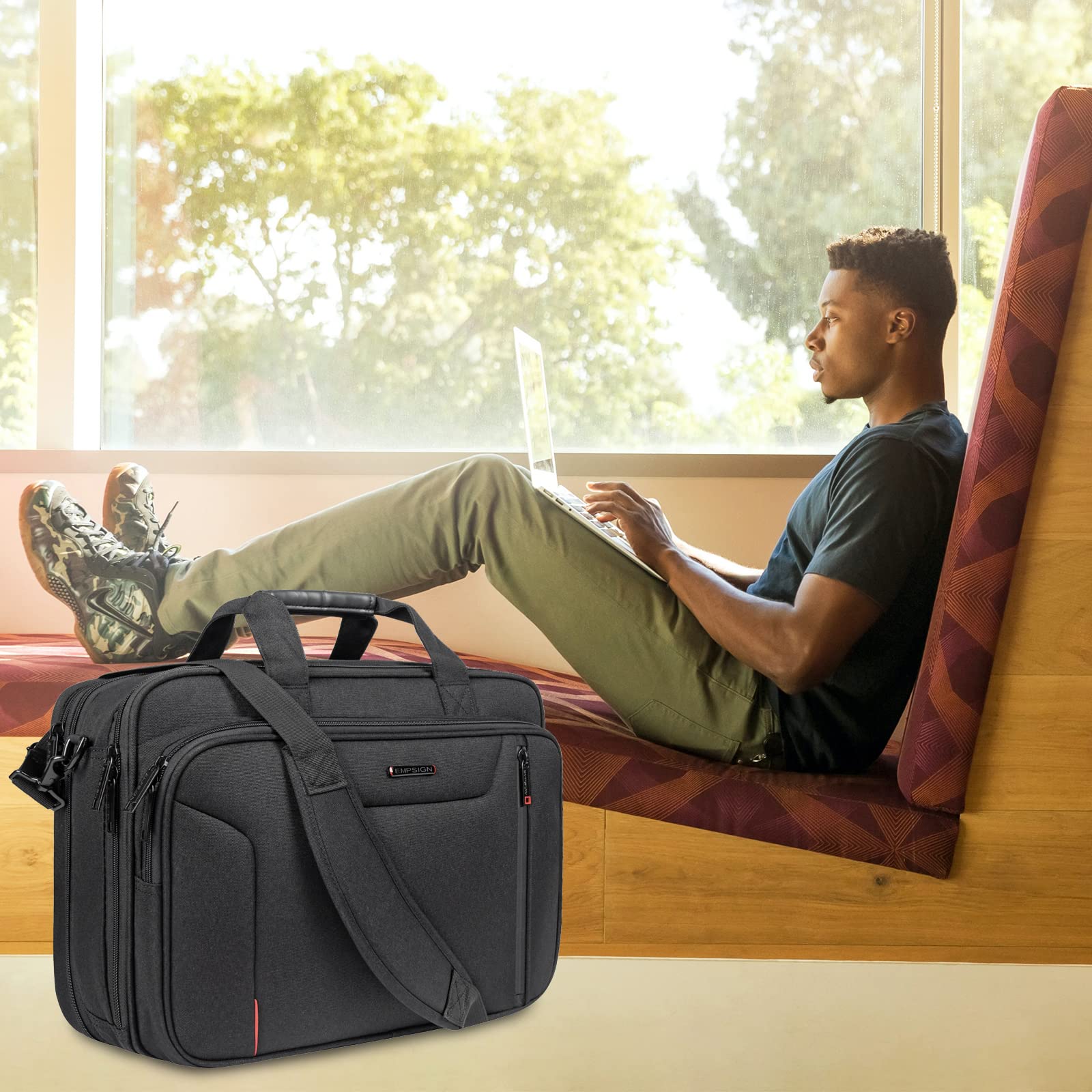 EMPSIGN Stylish 17.3 Inch Expandable Laptop Briefcase for Men - Water Repellent & RFID Blocking Messenger Bag - Perfect for Business Travel, Office Work & Daily Commute - Durable Shoulder Bag for Professionals - Black