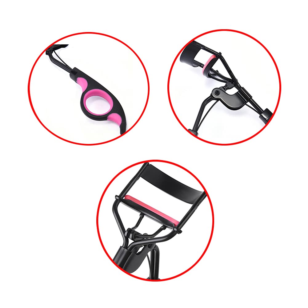 Black Handle Eyelash Curler with 5 Replacement Silicone Pads - Professional Lash Curling Tool for Makeup & Cosmetics - Perfect for Daily Use, Salon, Bridal & Party Makeup Looks