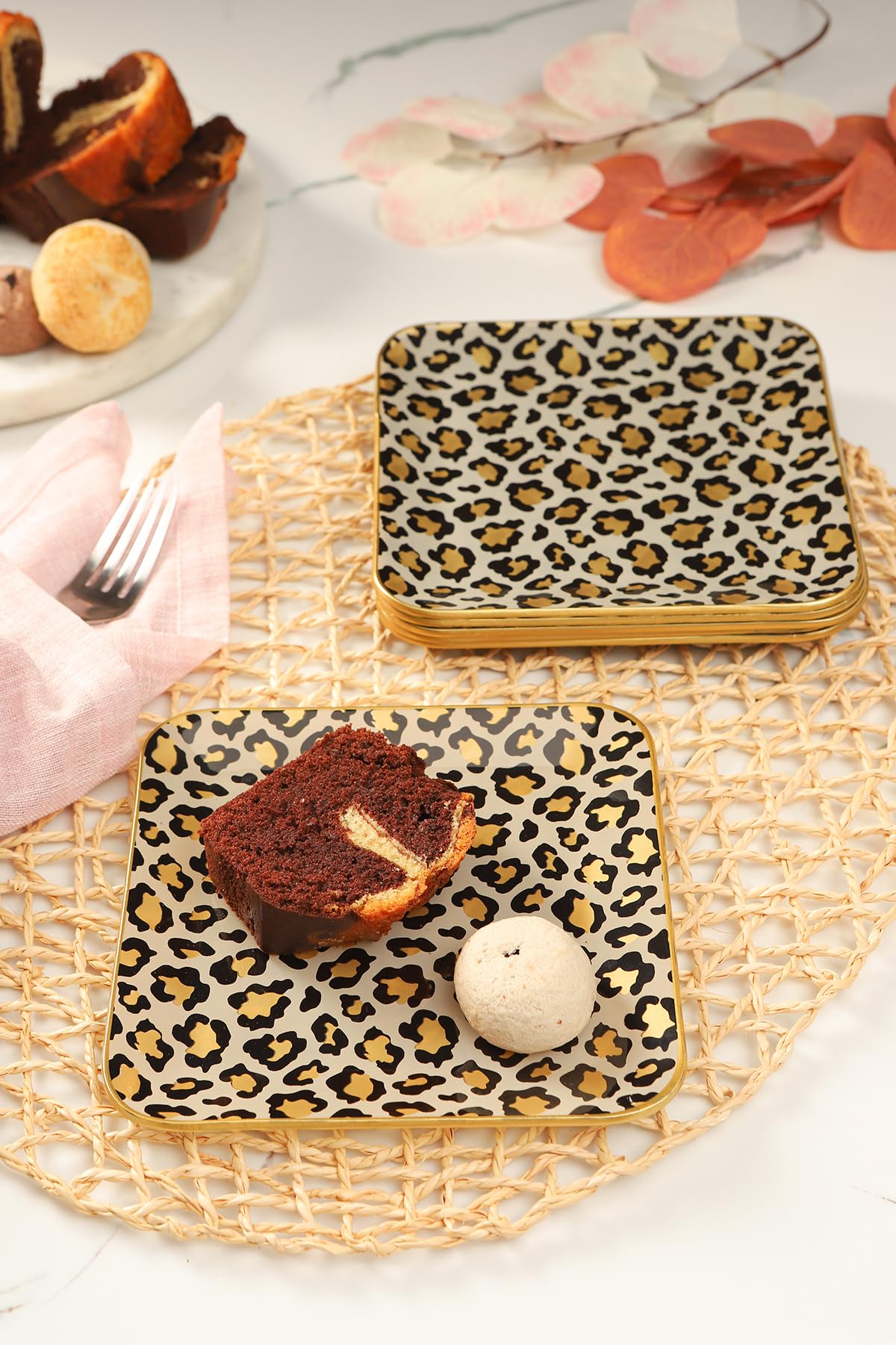 7.8 Inch Square Glass Plate Set of 6 - Elegant Salad, Dessert & Appetizer Plates for Home, Party & Restaurant Use - Durable Leopard Print Small Plates Perfect for Snacks, Meals & Entertaining