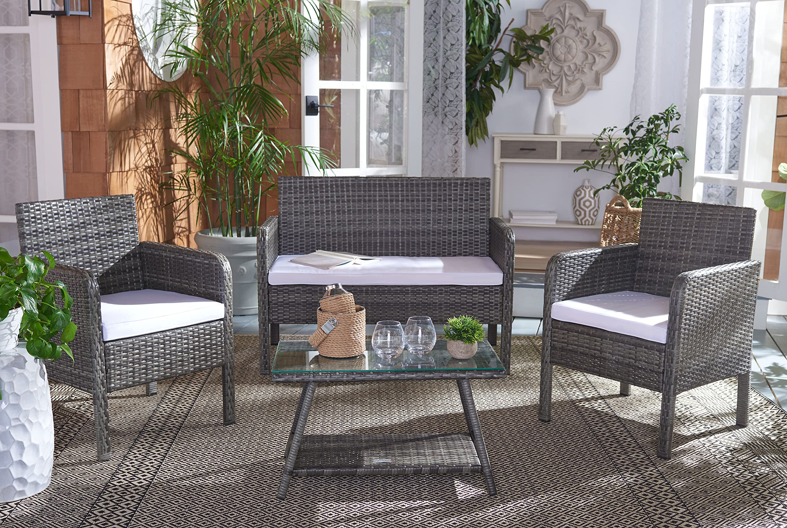 SAFAVIEH Outdoor Collection Aboka Grey Brown/White 4-Piece Patio Cushion Set - Water-Resistant Conversation Furniture Cushions for Garden, Deck, Poolside & Backyard Relaxation (PAT7505C)
