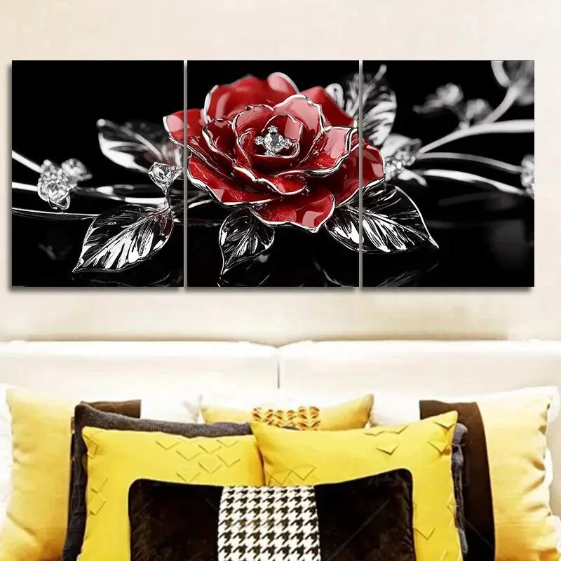 3-Piece Jewel Rose Floral Gem Metal Wall Art - Ready to Hang Home Decor for Living Room, Bedroom & Office - Elegant Botanical Print for Modern Interiors