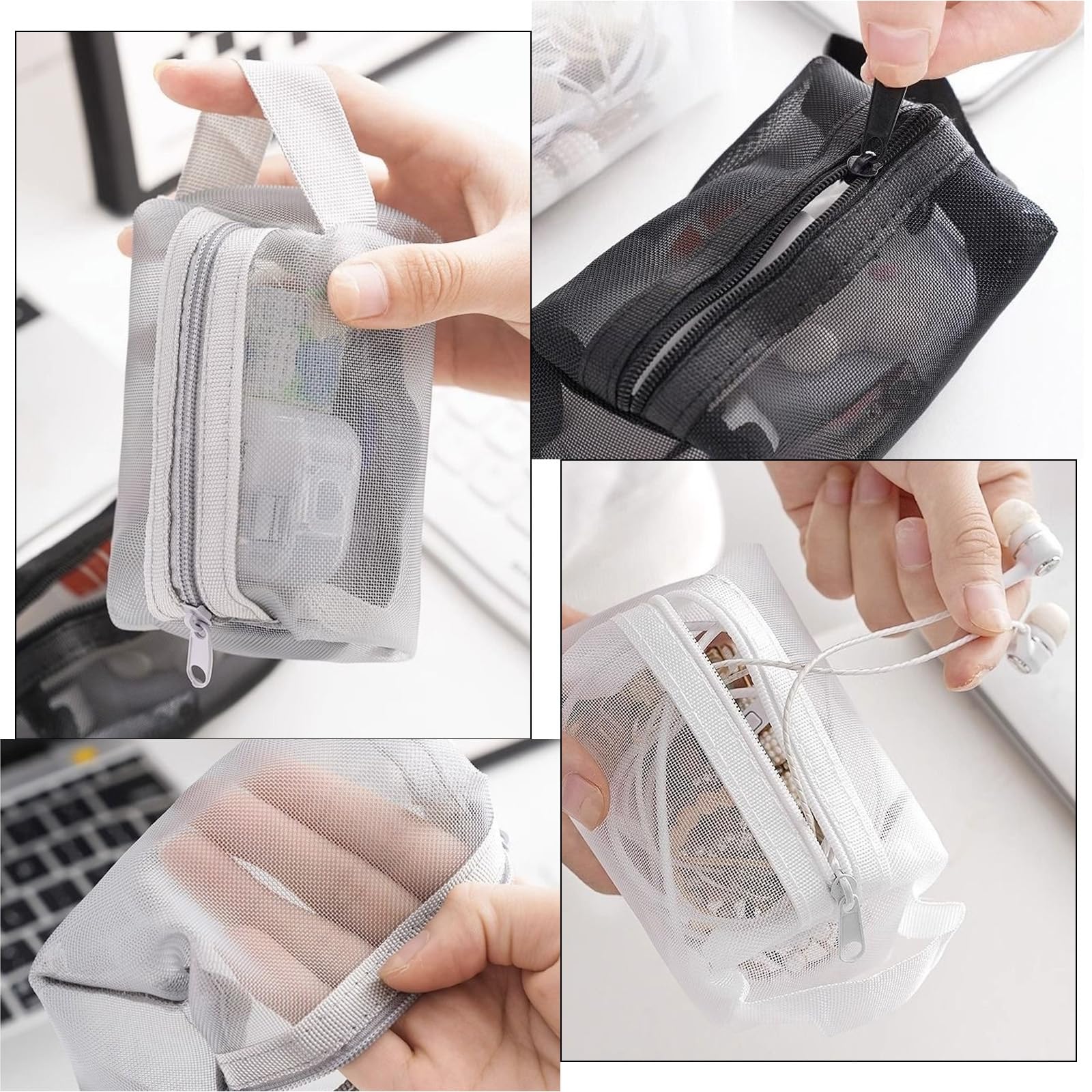 LYDZTION 6Pcs Mesh Makeup Bags with Zipper - Waterproof Travel Cosmetic Organizer Pouch Set for Toiletries, Home, Office & Daily Use (Black, White, Gray) | Perfect for Travel, Gym, Camping & Makeup Storage