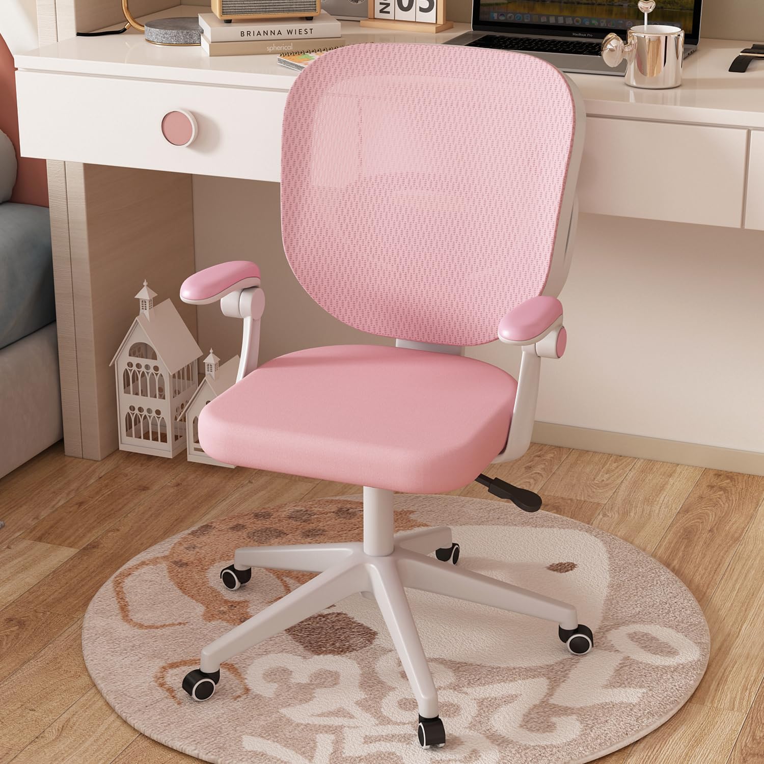 Adjustable Armrest Kids Desk Chair with Wheels - Pink Ergonomic Study & Computer Chair for Boys and Girls - Perfect for Home Office, Online Learning & Gaming