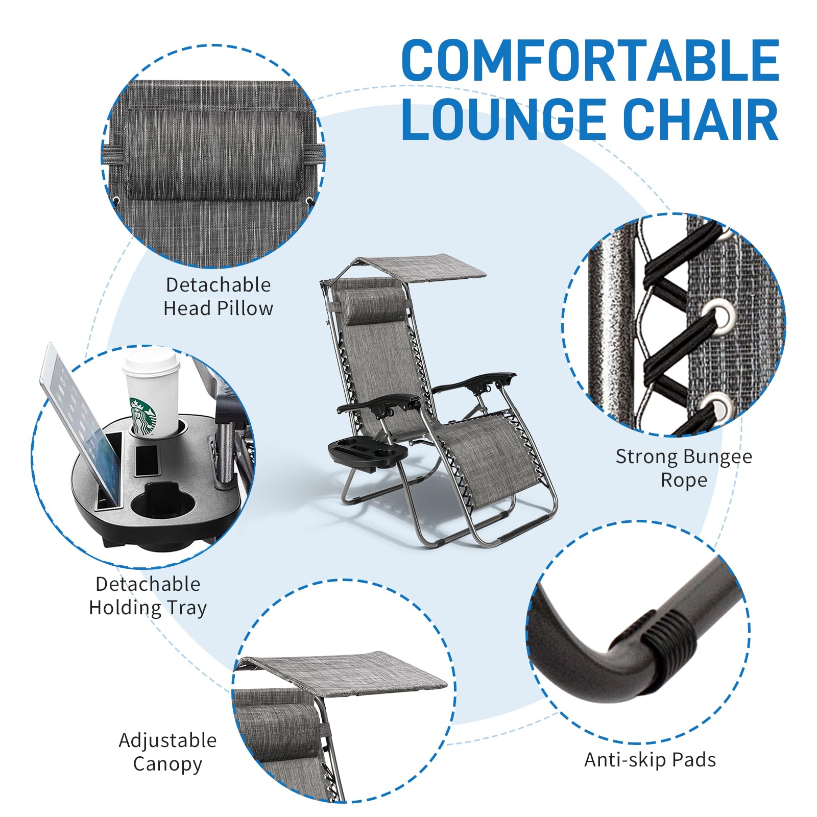 Bonnlo Zero Gravity Lounge Chair with Adjustable Canopy - Patio, Beach & Garden Recliner with Cup Holder & Headrest - Foldable Sun Shade Chair for Outdoor Relaxation (Blue/Grey)
