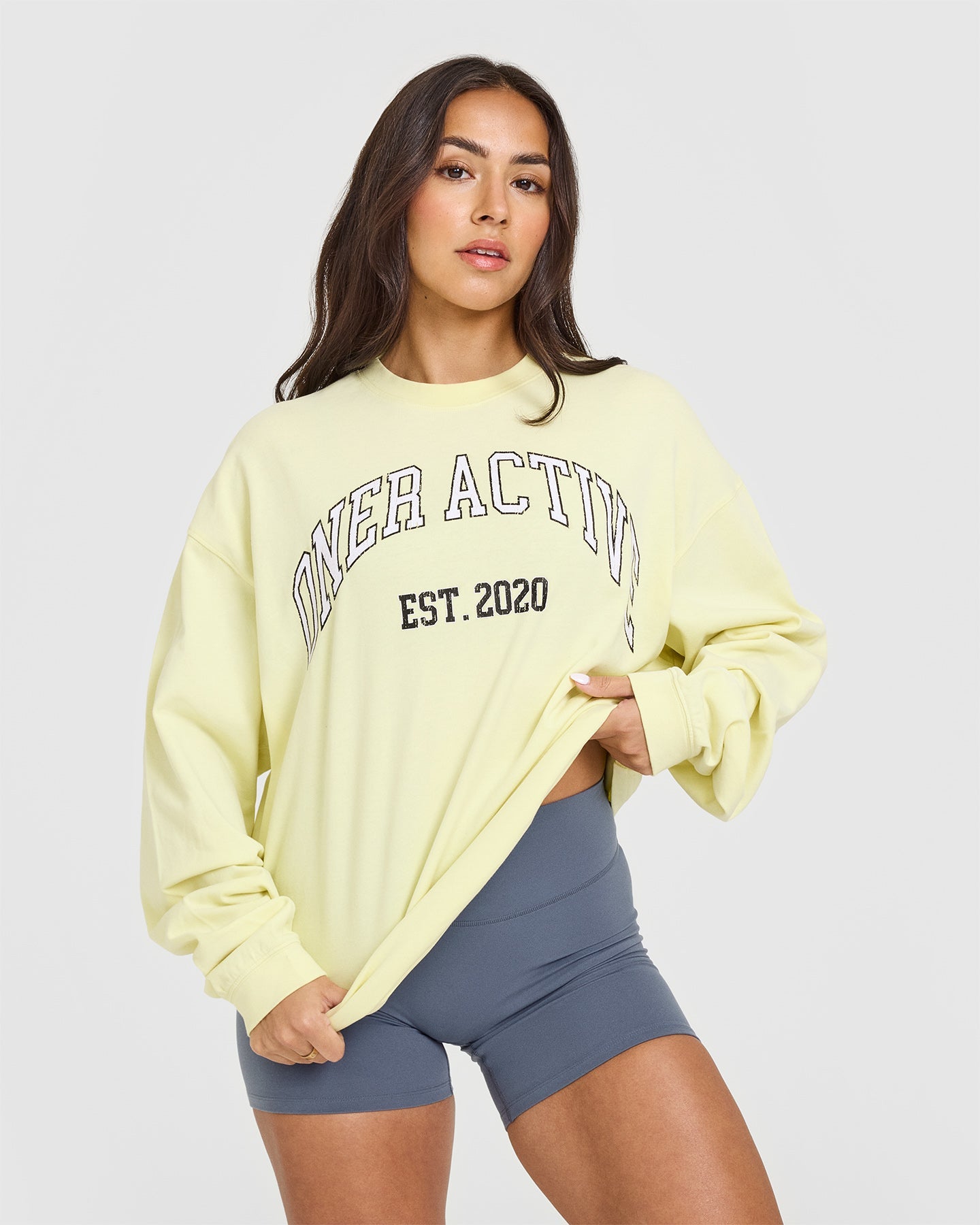 Oner Graphic Washed Long Sleeve T-Shirt | Pastel Yellow Women's Casual Top for Streetwear & Everyday Outfits