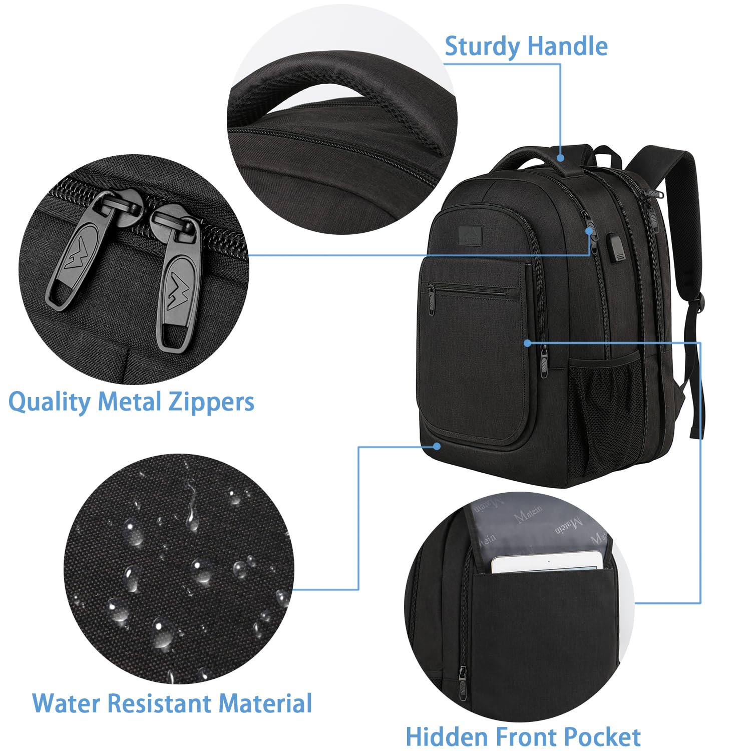 MATEIN Expandable Anti-Theft Travel Laptop Backpack for Men & Women - USB Charging Port, Water Resistant Business Backpack Fits 15.6 Inch Computer - Perfect for College, School, Work & Commuting - Black