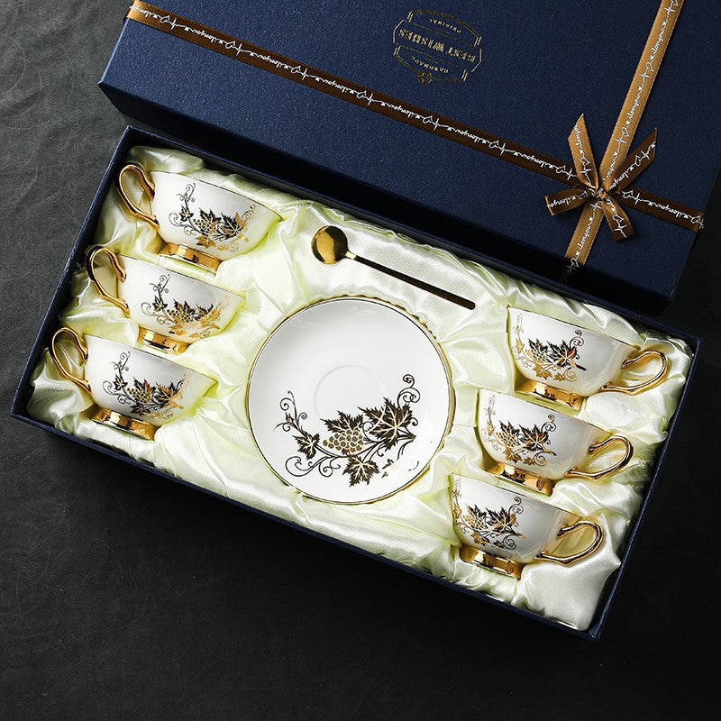 Premium British Ceramic Coffee & Tea Cups Set - Golden Leaves & Grapes Bone China Porcelain with Saucer - Elegant Tea Time Gift Box - Perfect for Afternoon Tea, Bridal Showers & Home Decor