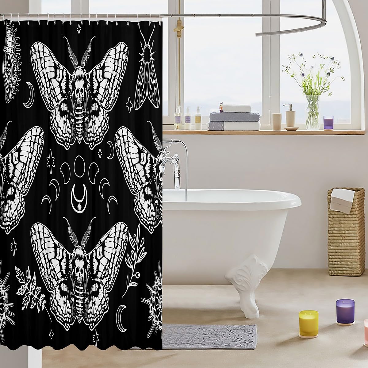 Gothic Skull Shower Curtain with Death Moth & Floral Print - Waterproof Bathroom Decor for Kids, Moon & Star Design - Includes 12 Hooks, Fits Standard Bathtub (72
