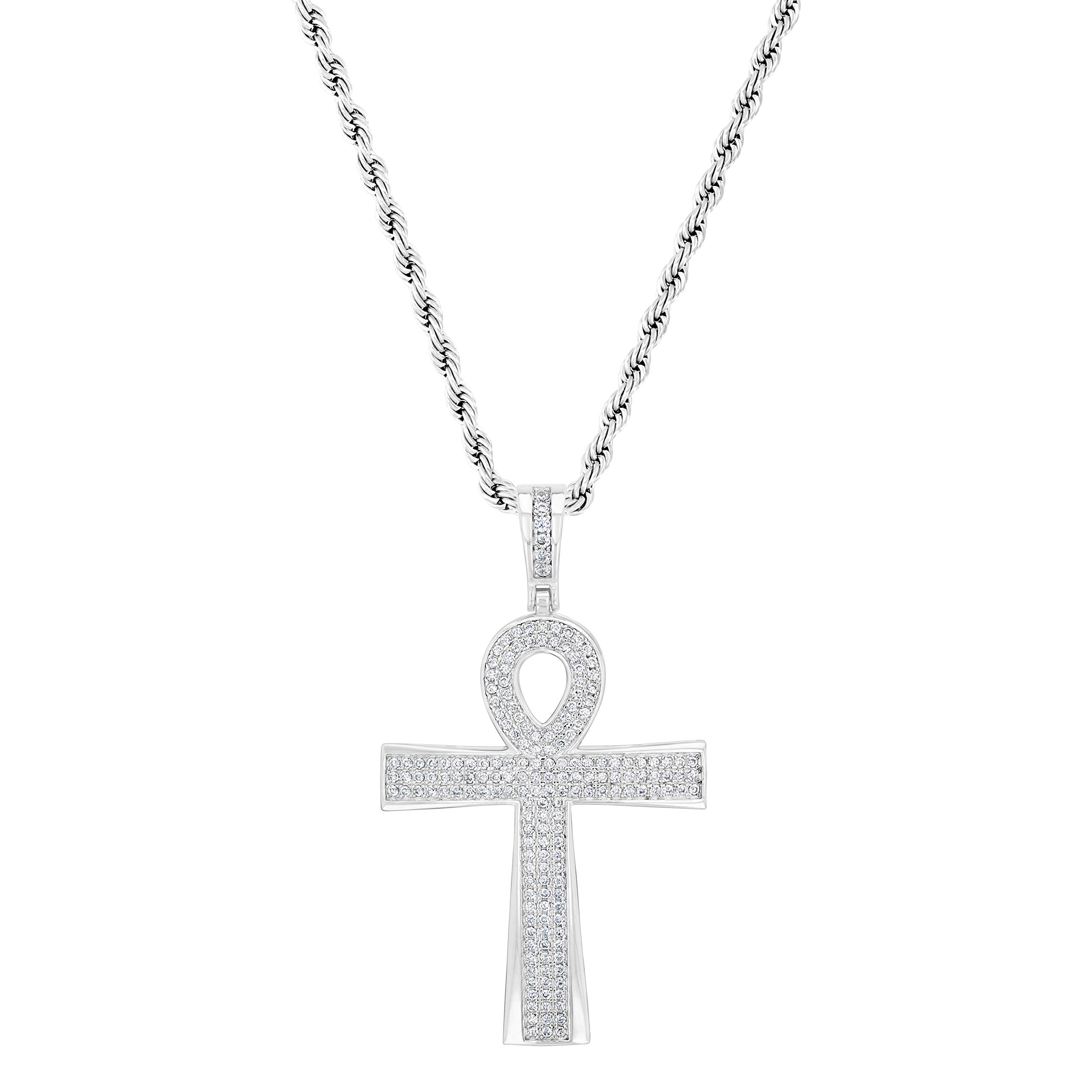 Rhodium Plated Iced Out CZ Jesus Cross Pendant Necklace for Men & Women - Stainless Steel Chain - Perfect for Gifts, Religious Occasions & Everyday Wear