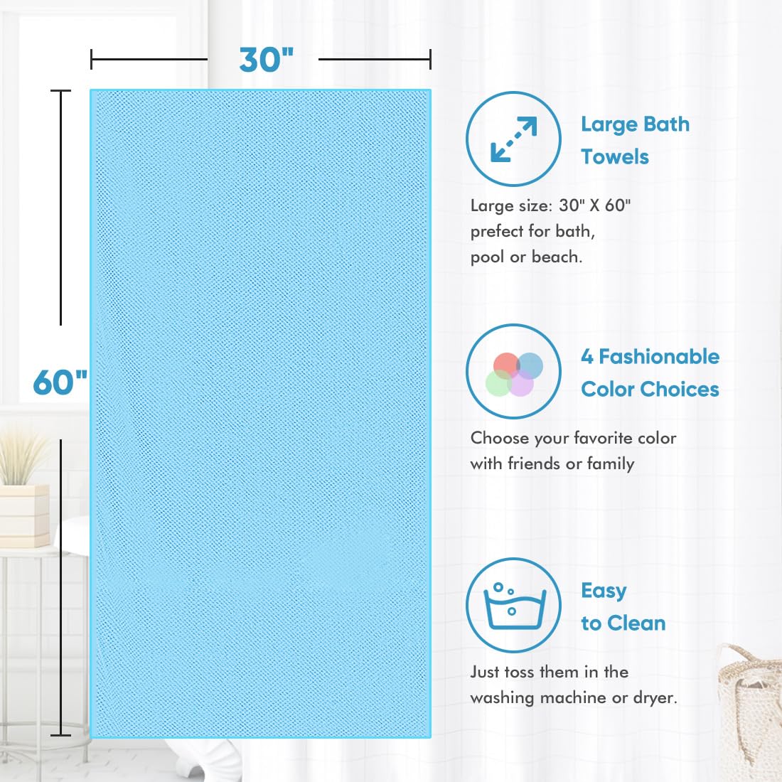 Premium 4-Pack Microfiber Bath Towels 30x60 Inches - Ultra Soft, Highly Absorbent & Quick Dry Bathroom Towels for Shower, Pool, Beach, Swimming & Yoga | Perfect for Spa Days, Gym Sessions & Luxury Home Use