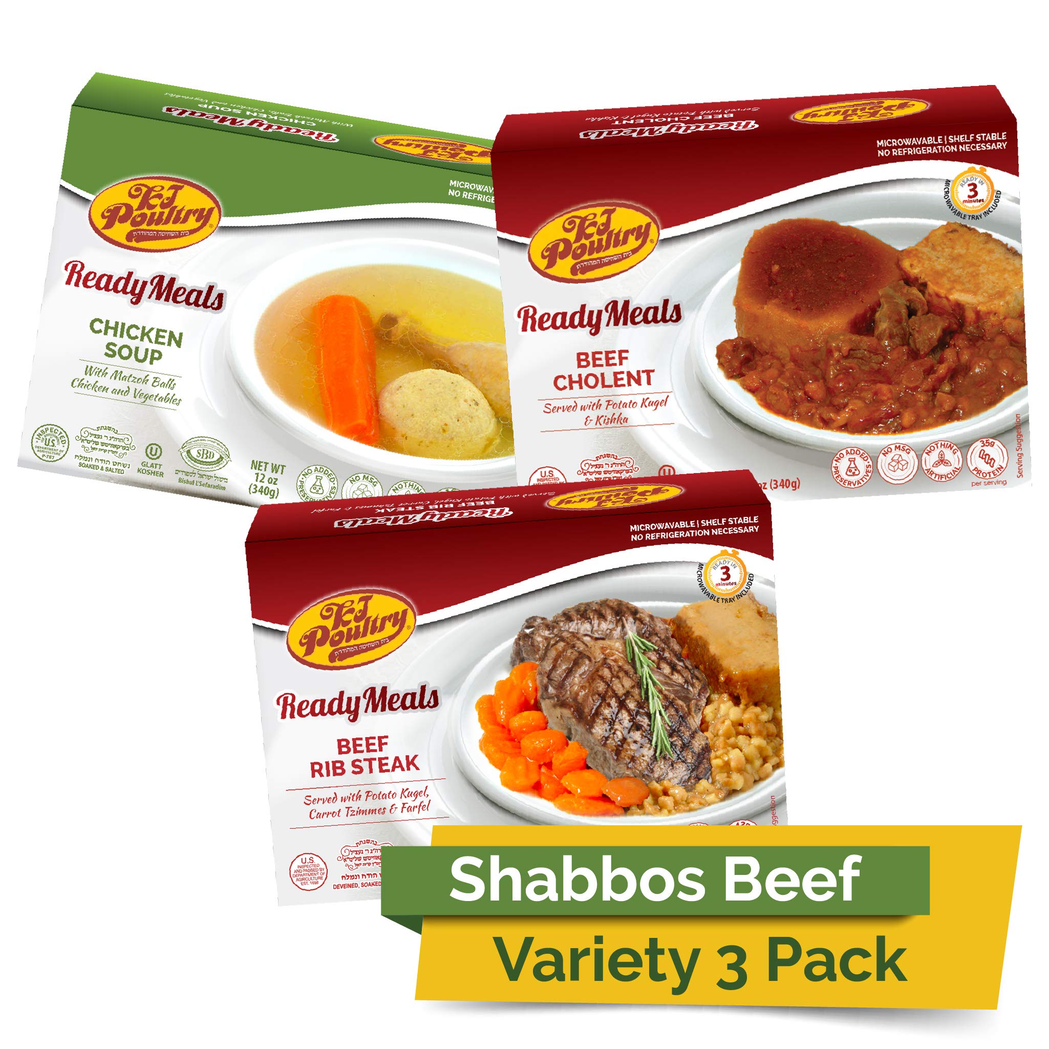 Kosher Ready Meals - Shabbos Beef Variety (3 Pack) | Fully Cooked Shelf-Stable Microwave Dinner | High Protein Travel & Camping Food | Emergency Survival & Military Rations | Perfect for Shabbat, Outdoor Adventures & Prepper Pantries