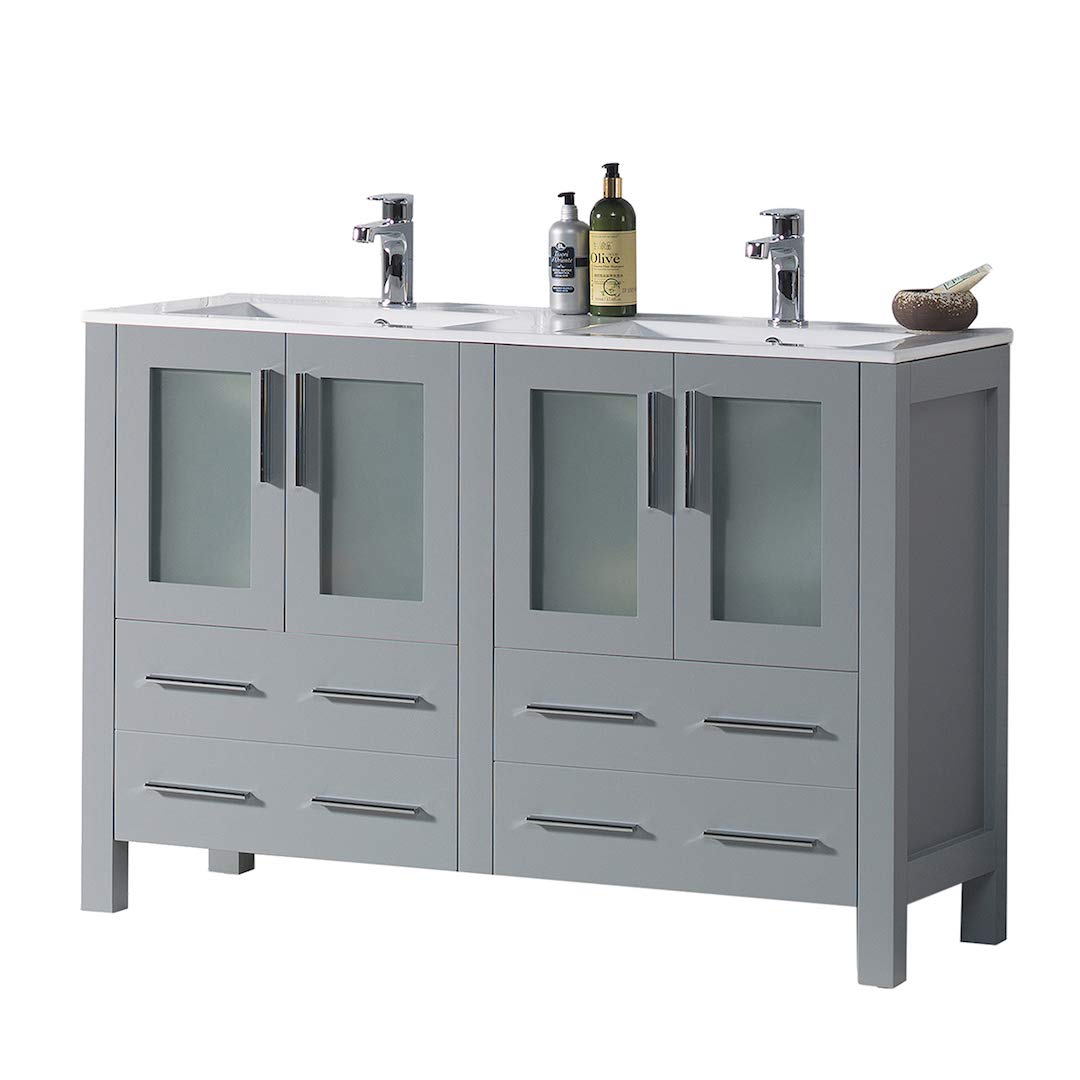 48-Inch All-Wood Single Bathroom Vanity with Ceramic Sink - Double Ceramic Top in Metal Grey | Modern Bathroom Storage Solution for Small Spaces, Powder Rooms & Guest Baths
