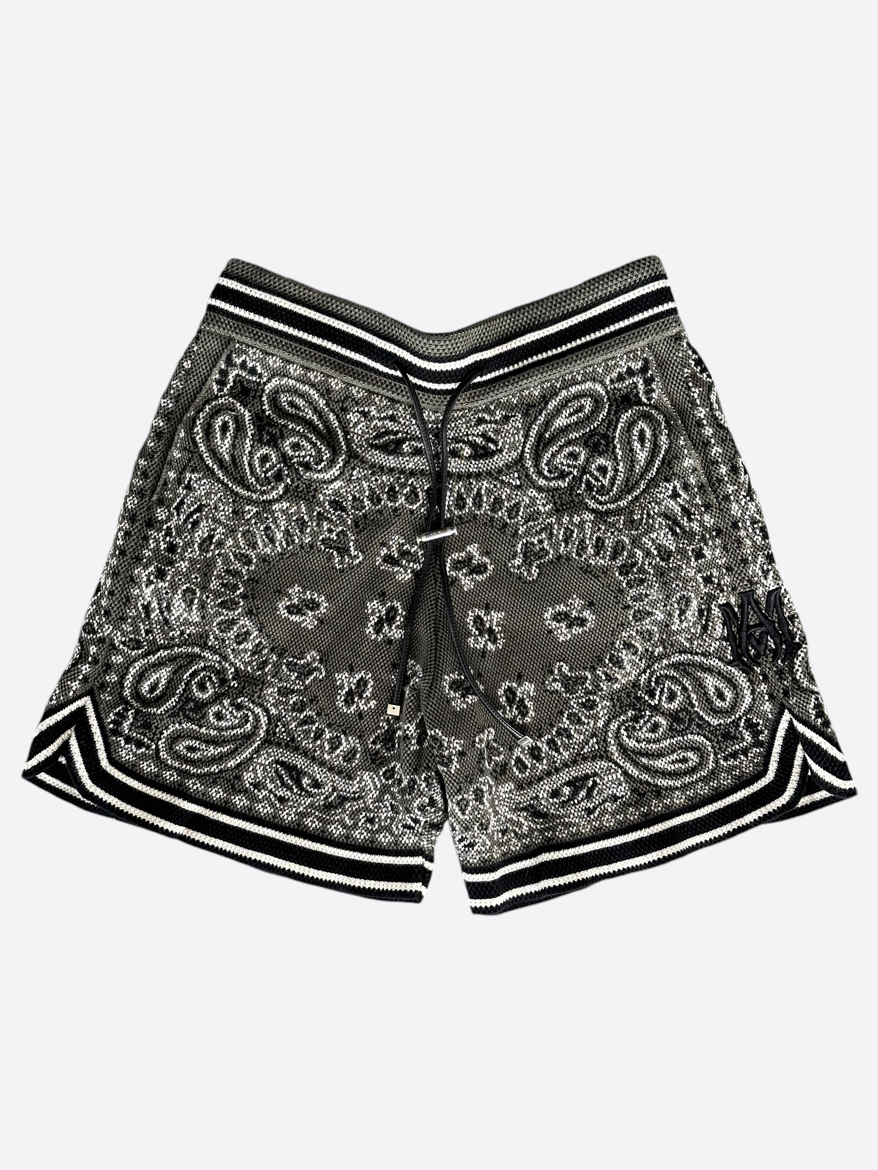 Amiri Olive & White Bandana Crochet Basketball Shorts for Men - Streetwear Fashion, Hip Hop Style, Summer Casual Wear - Perfect for Gym, Beach & Street Style Outfits