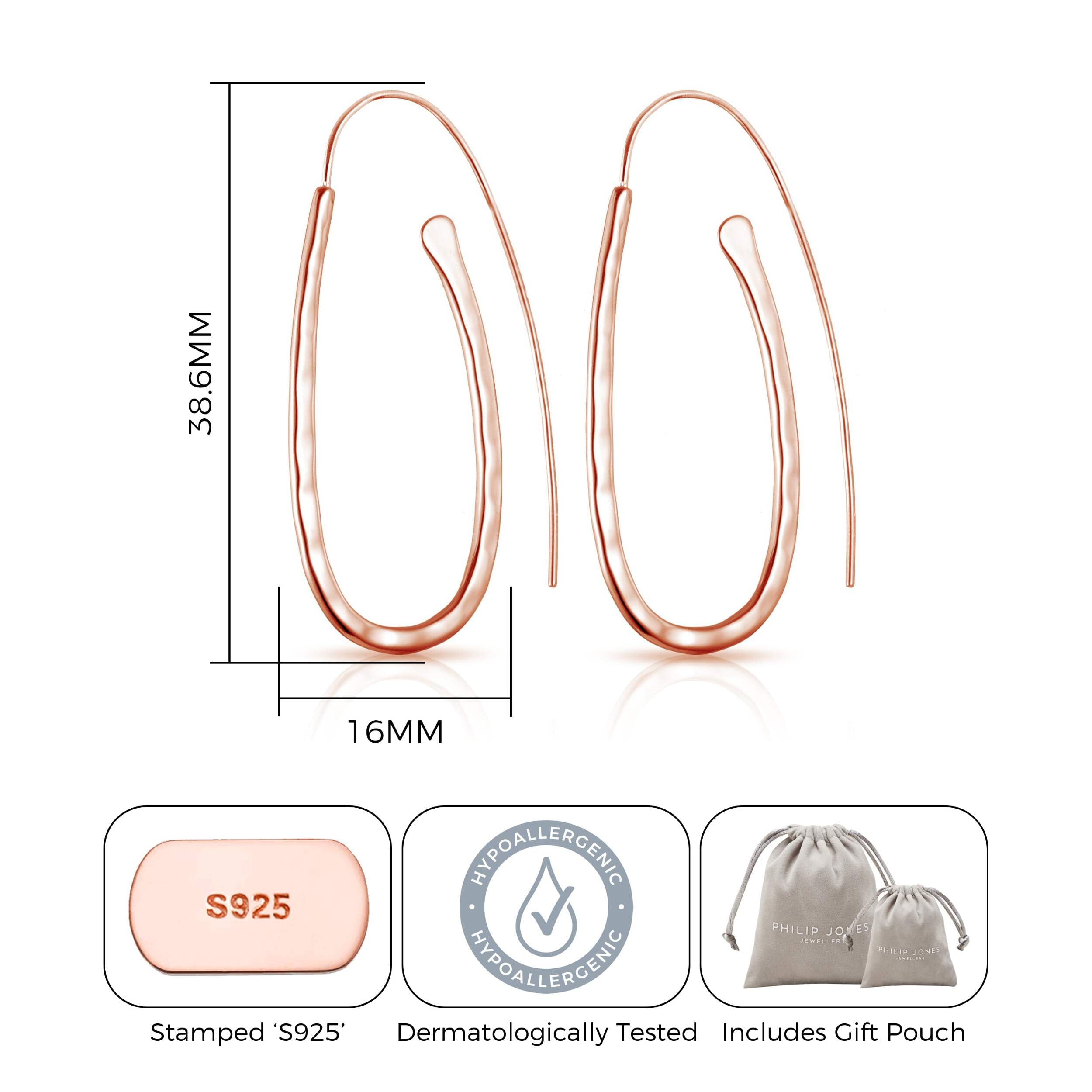 Philip Jones Rose Gold Plated Sterling Silver Hammered Hoop Earrings for Women - Elegant & Durable Fashion Jewelry for Parties, Weddings & Everyday Wear