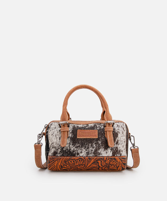 Wrangler Genuine Hair-On Cowhide Barrel Bag - Western Style Leather Crossbody Purse for Women | Perfect for Rodeo, Country Music Festivals & Everyday Use