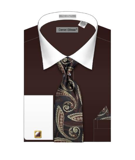 Daniel Ellissa Solid Body White Collar Basic French Cuff Dress Shirt DS3825P2 in Dark Brown – Perfect for Business Meetings & Formal Occasions