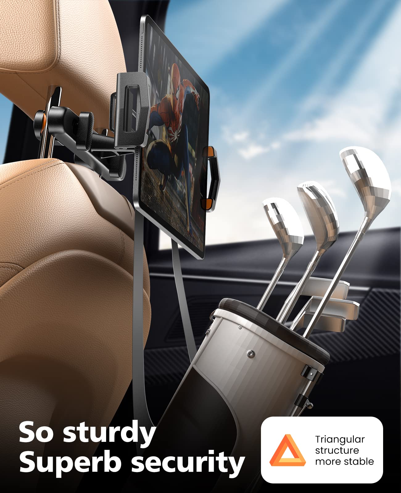 KEUASX Car Tablet Holder - Adjustable 360° Rotating Headrest Mount for iPad Pro/Air/Mini (4.7-12.9 Inch) - Portable Travel Stand for Kids & Adults - Perfect for Road Trips, Backseat Entertainment & Long Flights - Black