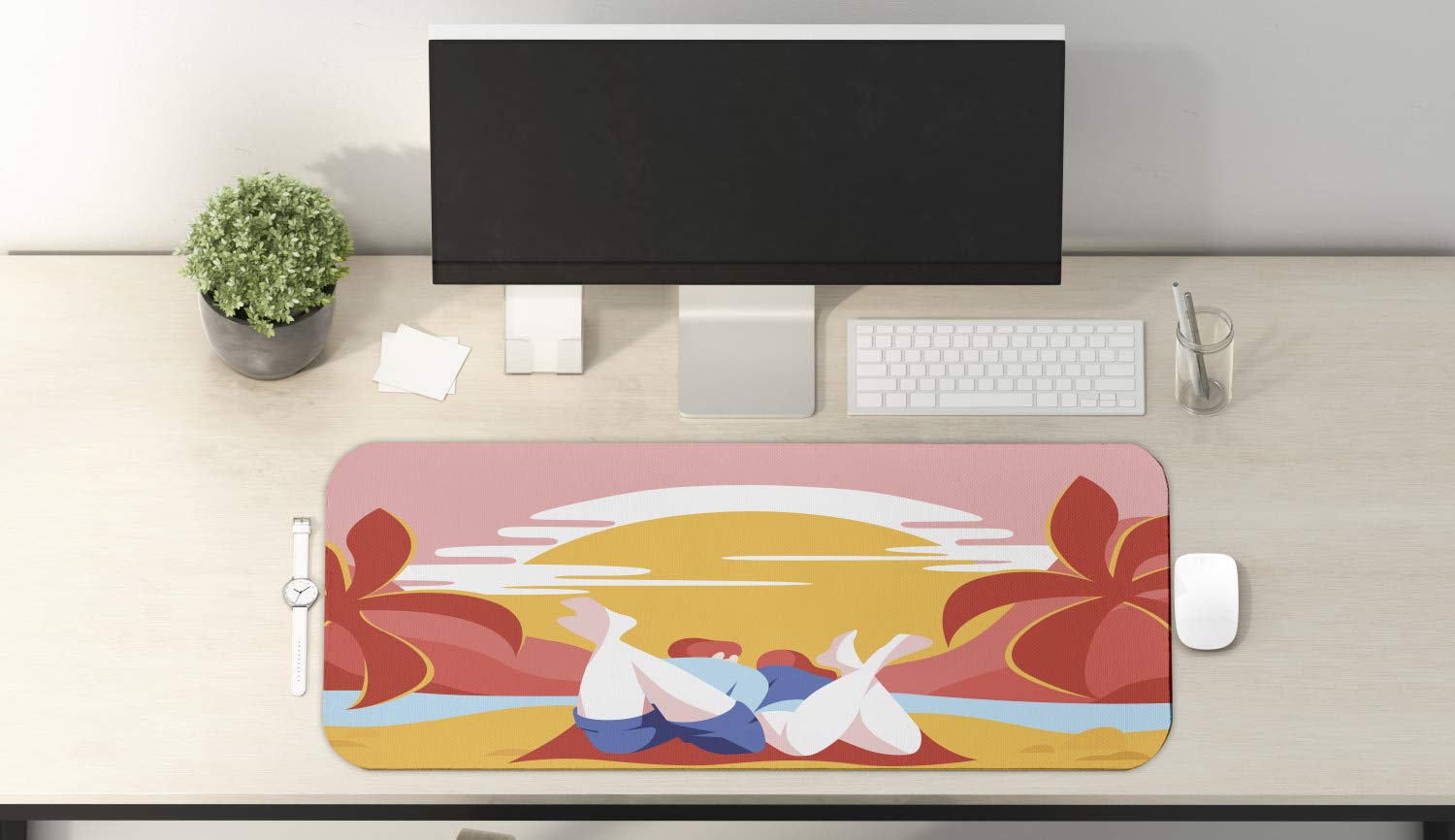Ambesonne Summer Beach Mouse Pad - Colorful Cartoon Couple with Palm Trees & Ocean Design, Non-Slip Rubber Gaming Mousepad (31