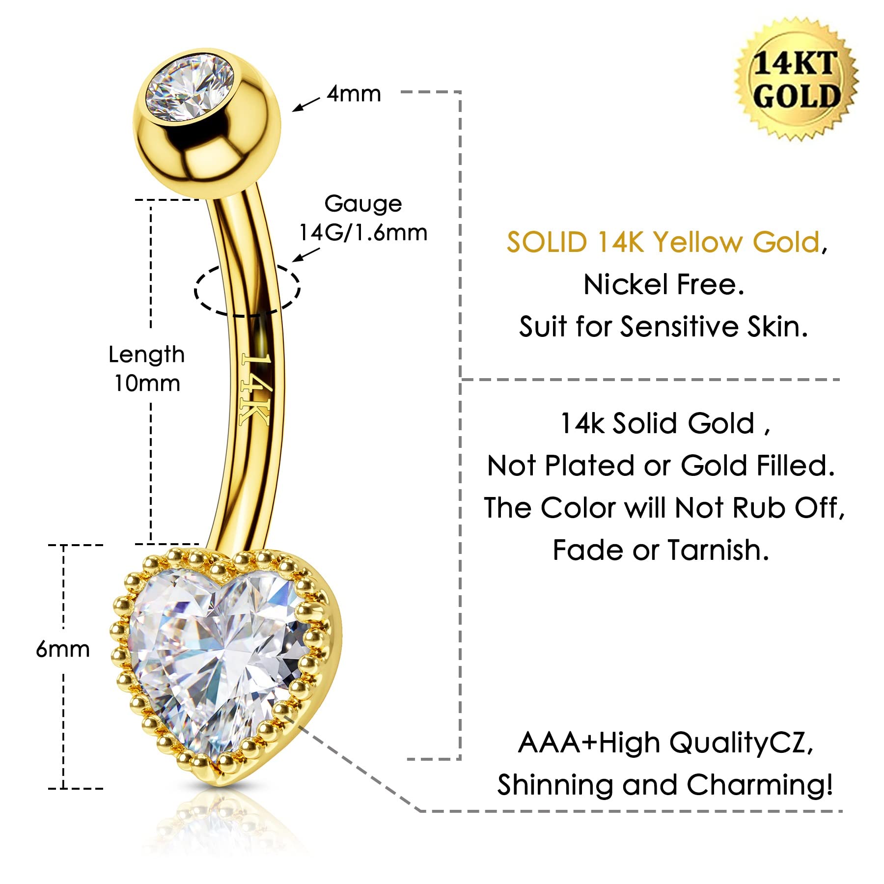 COCHARM 14K Real Gold Belly Button Rings - Cute Short & Long Upper Navel Piercing Jewelry - 16g/14g Rook Barbell - Perfect for Everyday Wear, Parties & Body Jewelry Collection