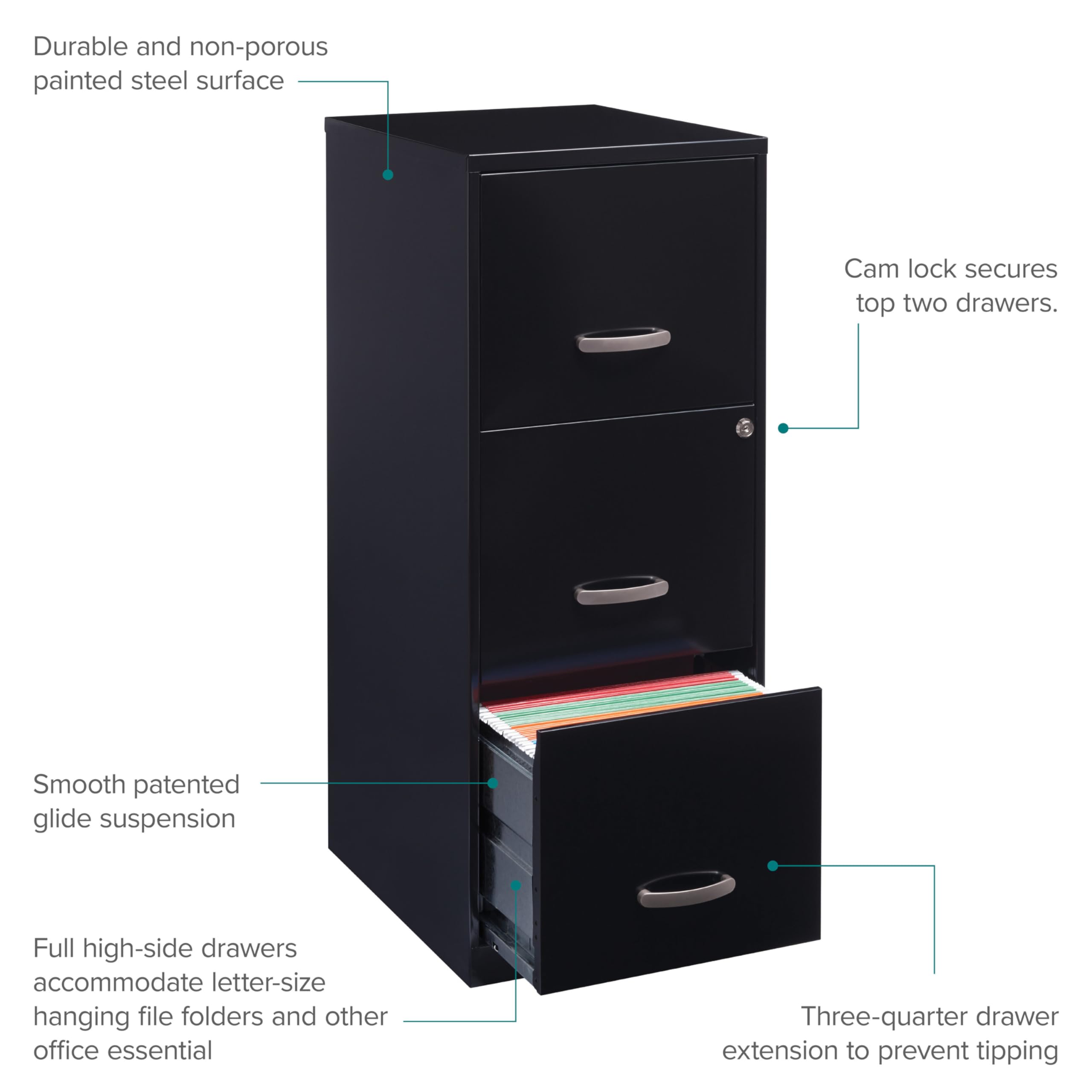 Lorell SOHO 18-Inch 3-Drawer Vertical File Cabinet - Office Storage Solution for Documents, Files & Supplies - Perfect for Home Office, Small Business & Workspace Organization