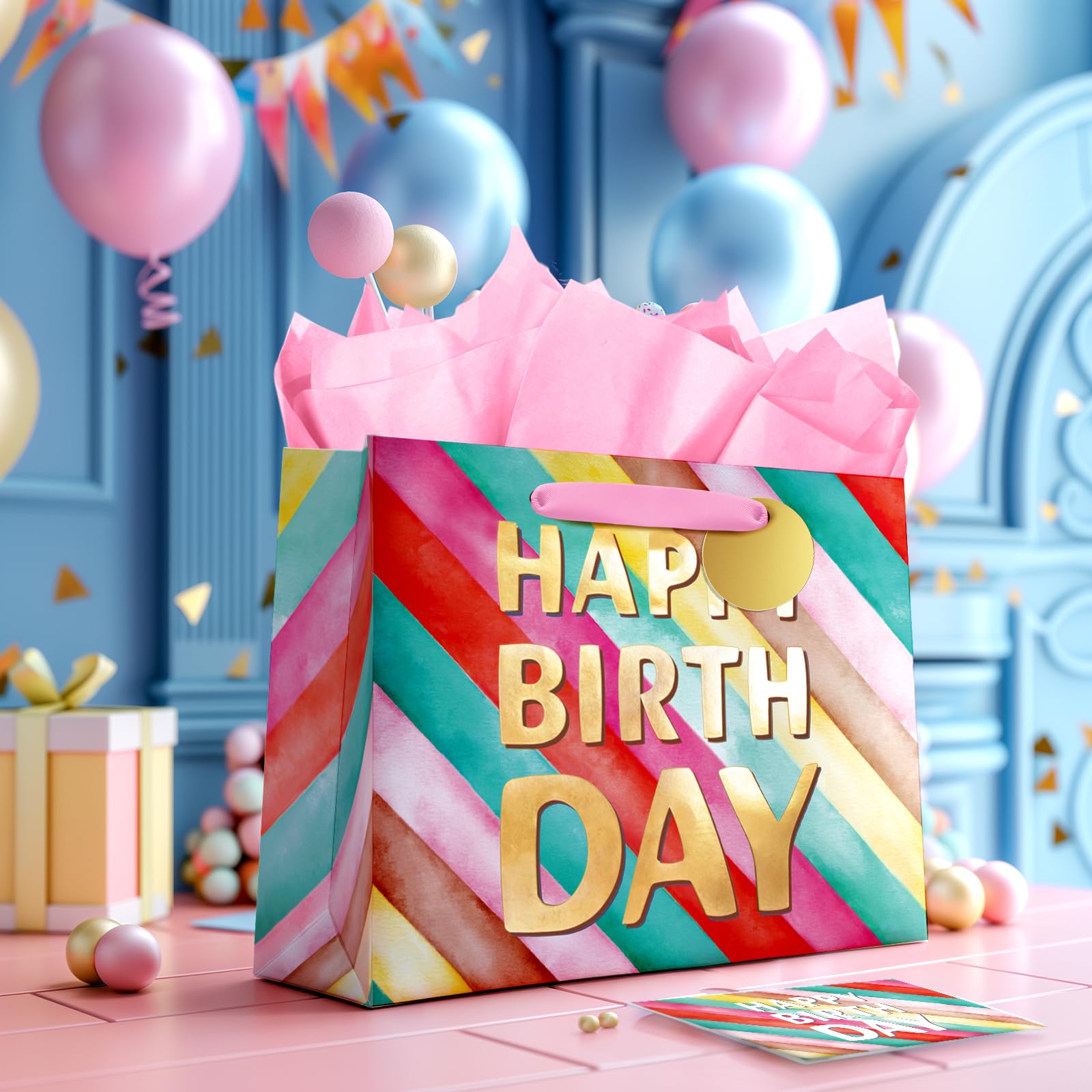 BGTCARDS Reusable Birthday Gift Bags with Tissue Paper & Greeting Card - 13x10x5 Inch Party Favor Bags with Handles for Presents, Birthdays, Baby Showers & Special Occasions | Perfect for Gift Wrapping, Party Decorations & Thoughtful Surprises