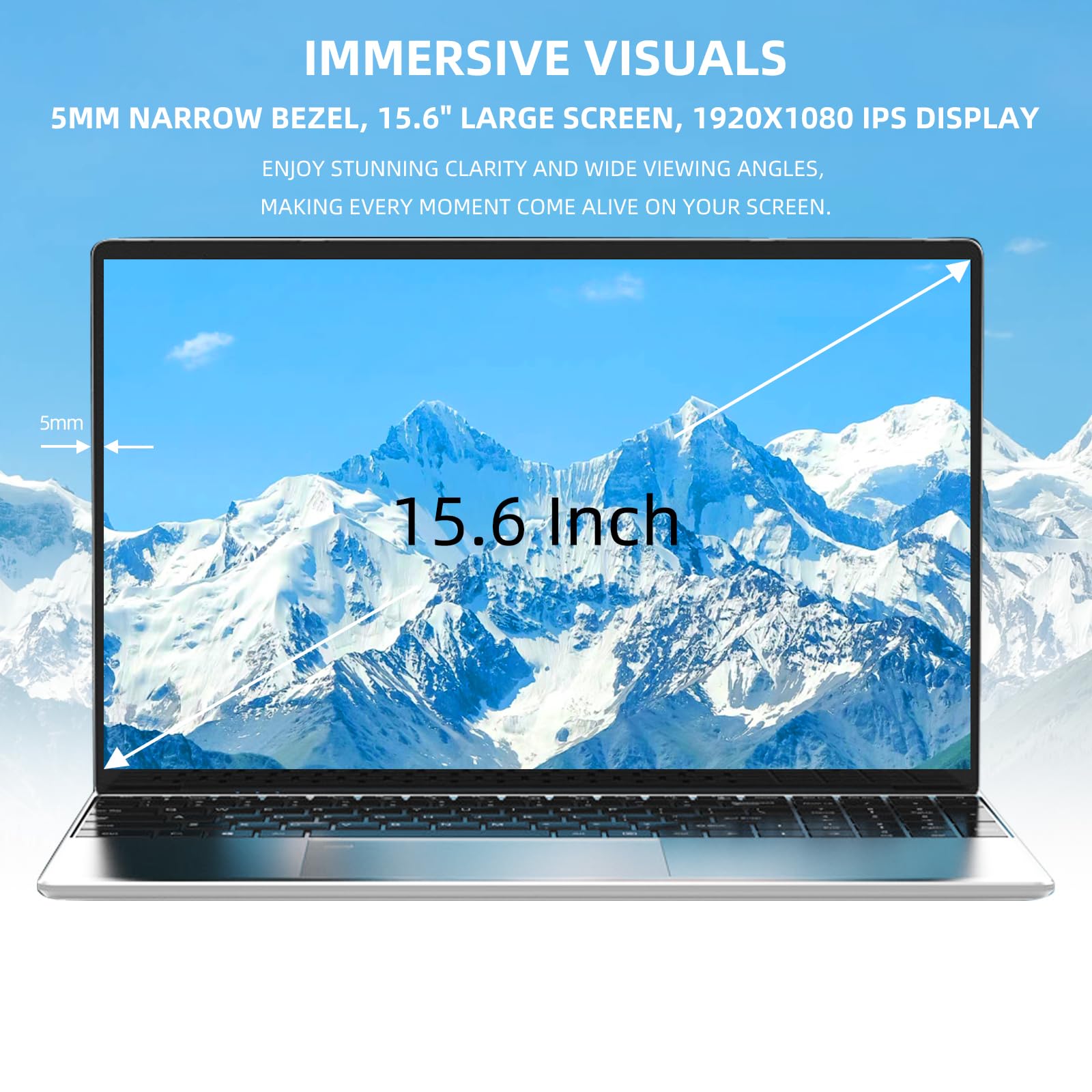 Aichiw 15.6 Inch Laptop - Windows 11, 16GB RAM, 128GB SSD, Intel Celeron Quad-Core Processor up to 2.9GHz, Lightweight Notebook with Dual Band WiFi, Fingerprint Security, Backlit Keyboard - Silver | Perfect for Work, Study & Home Office Use